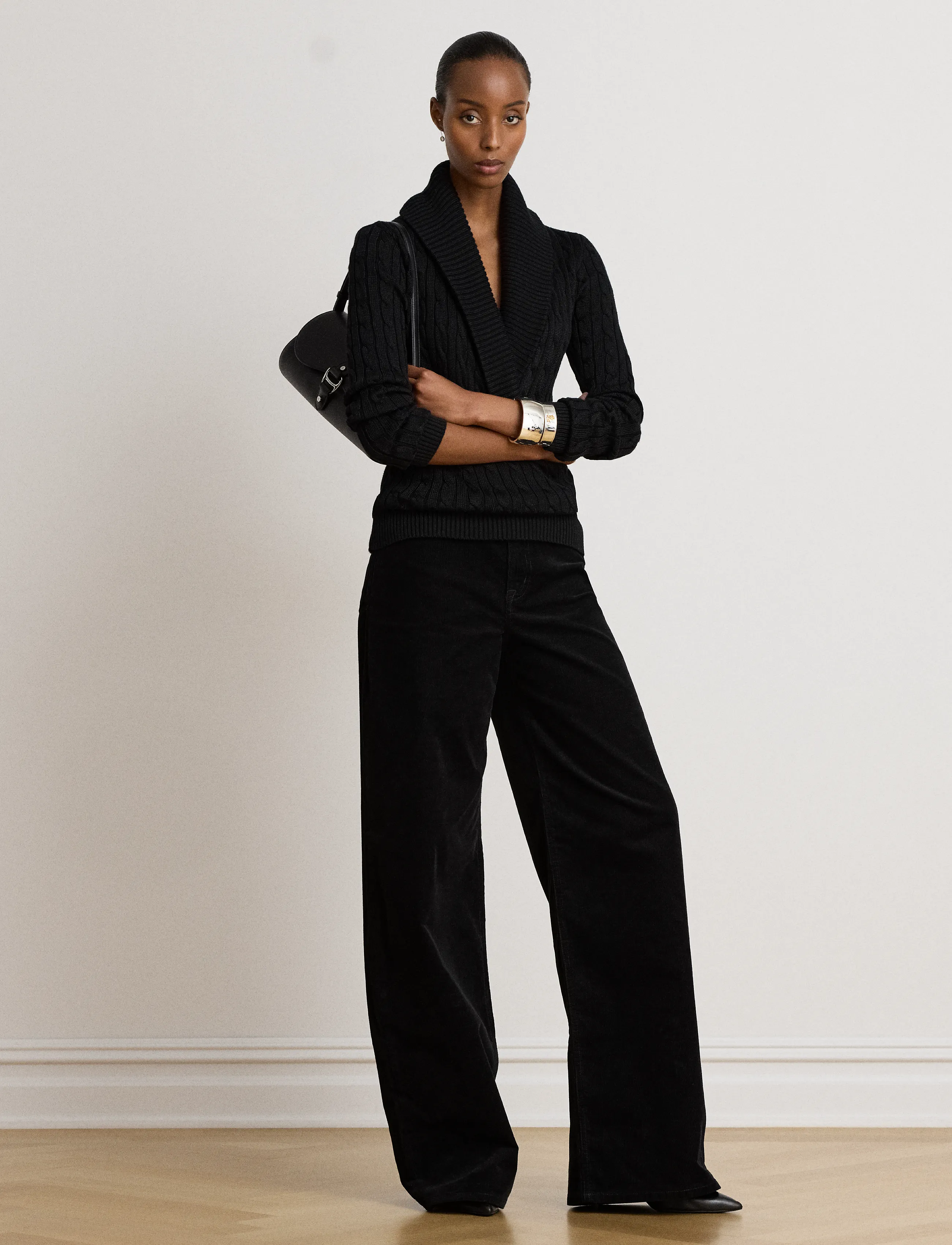 Lauren Ralph Lauren Cable Cotton-Blend Shawl-Collar Sweater - Kläder - BLACK / black