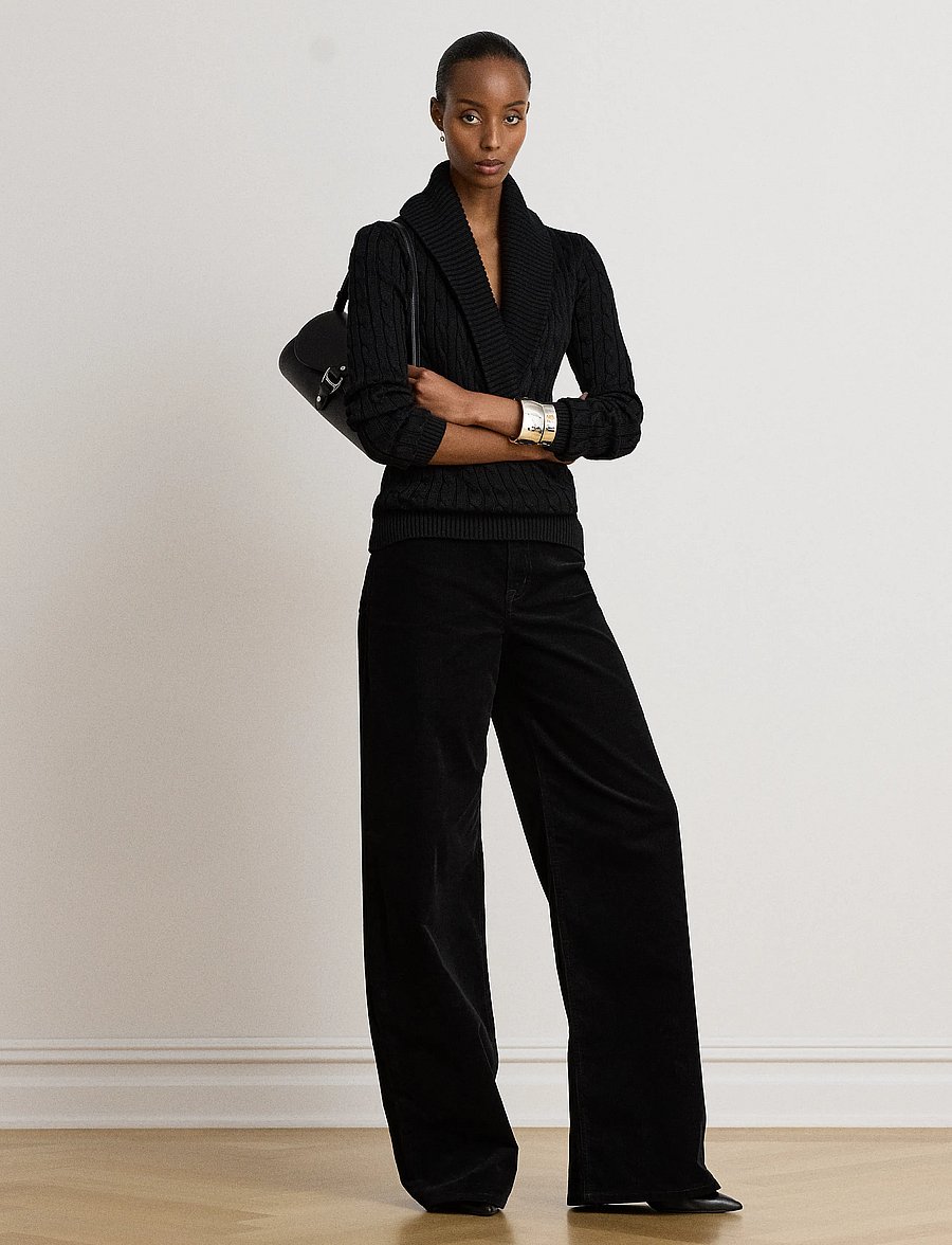 Lauren Ralph Lauren - Cable Cotton-Blend Shawl-Collar Sweater - stickade tröjor - black - 0