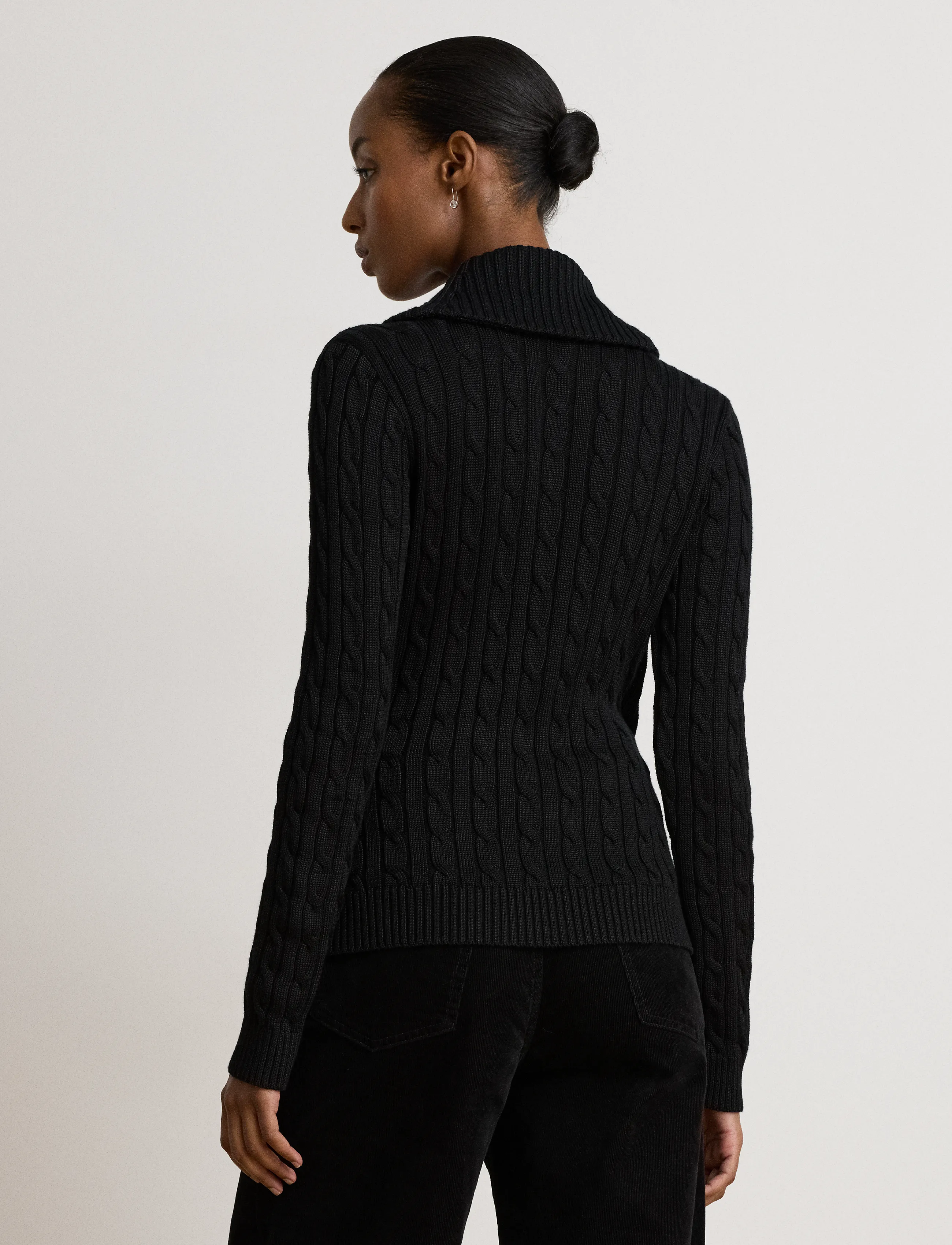 Lauren Ralph Lauren - Cable Cotton-Blend Shawl-Collar Sweater - stickade tröjor - black - 2
