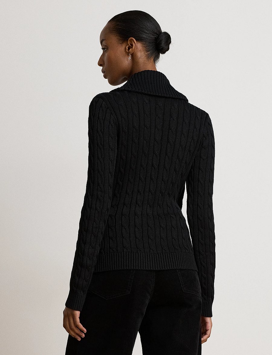 Lauren Ralph Lauren - Cable Cotton-Blend Shawl-Collar Sweater - stickade tröjor - black - 2