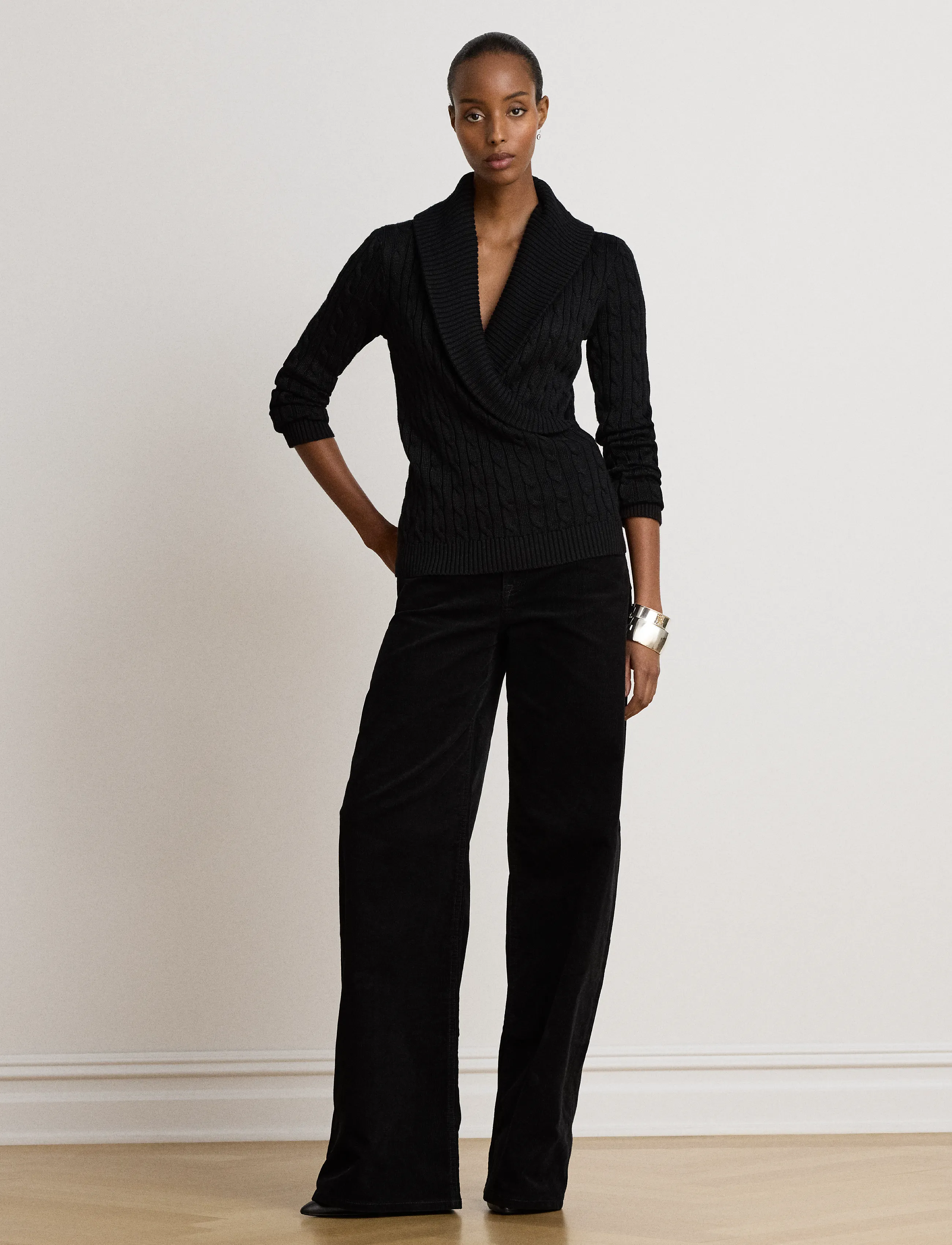Lauren Ralph Lauren - Cable Cotton-Blend Shawl-Collar Sweater - stickade tröjor - black - 3