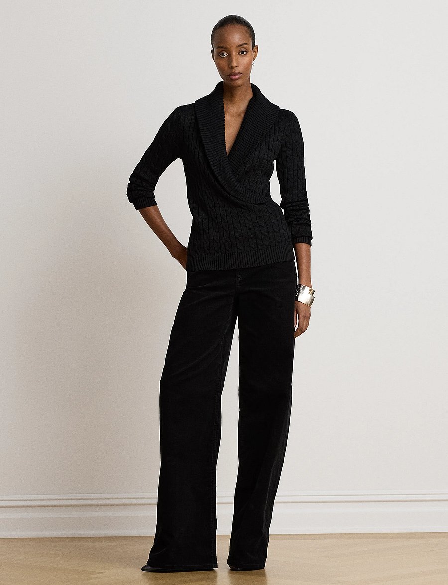 Lauren Ralph Lauren - Cable Cotton-Blend Shawl-Collar Sweater - stickade tröjor - black - 3