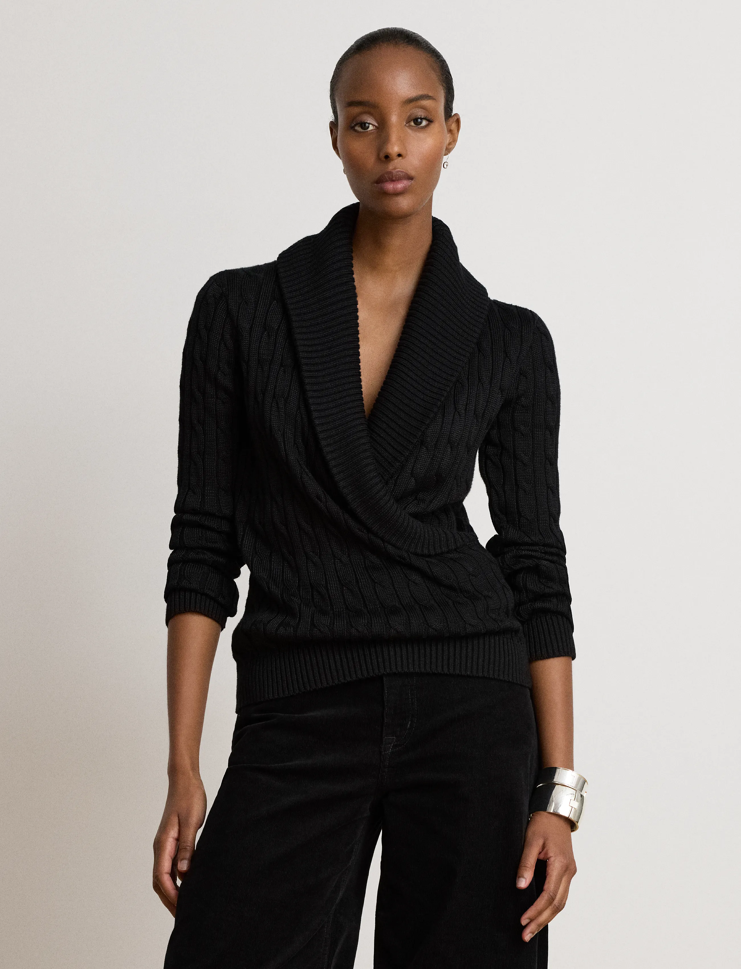 Lauren Ralph Lauren - Cable Cotton-Blend Shawl-Collar Sweater - stickade tröjor - black - 4