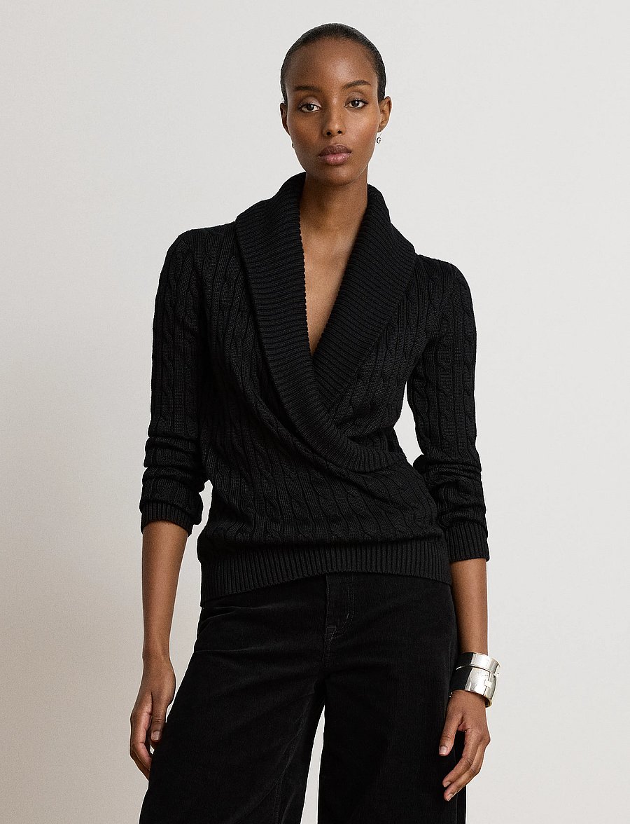 Lauren Ralph Lauren - Cable Cotton-Blend Shawl-Collar Sweater - stickade tröjor - black - 4