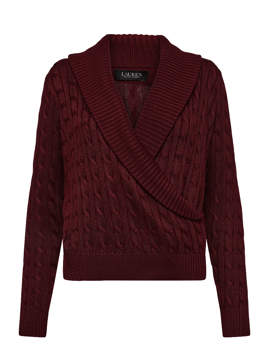 Lauren Ralph Lauren - Cable Cotton-Blend Shawl-Collar Sweater - jumpers - dark garnet - 1