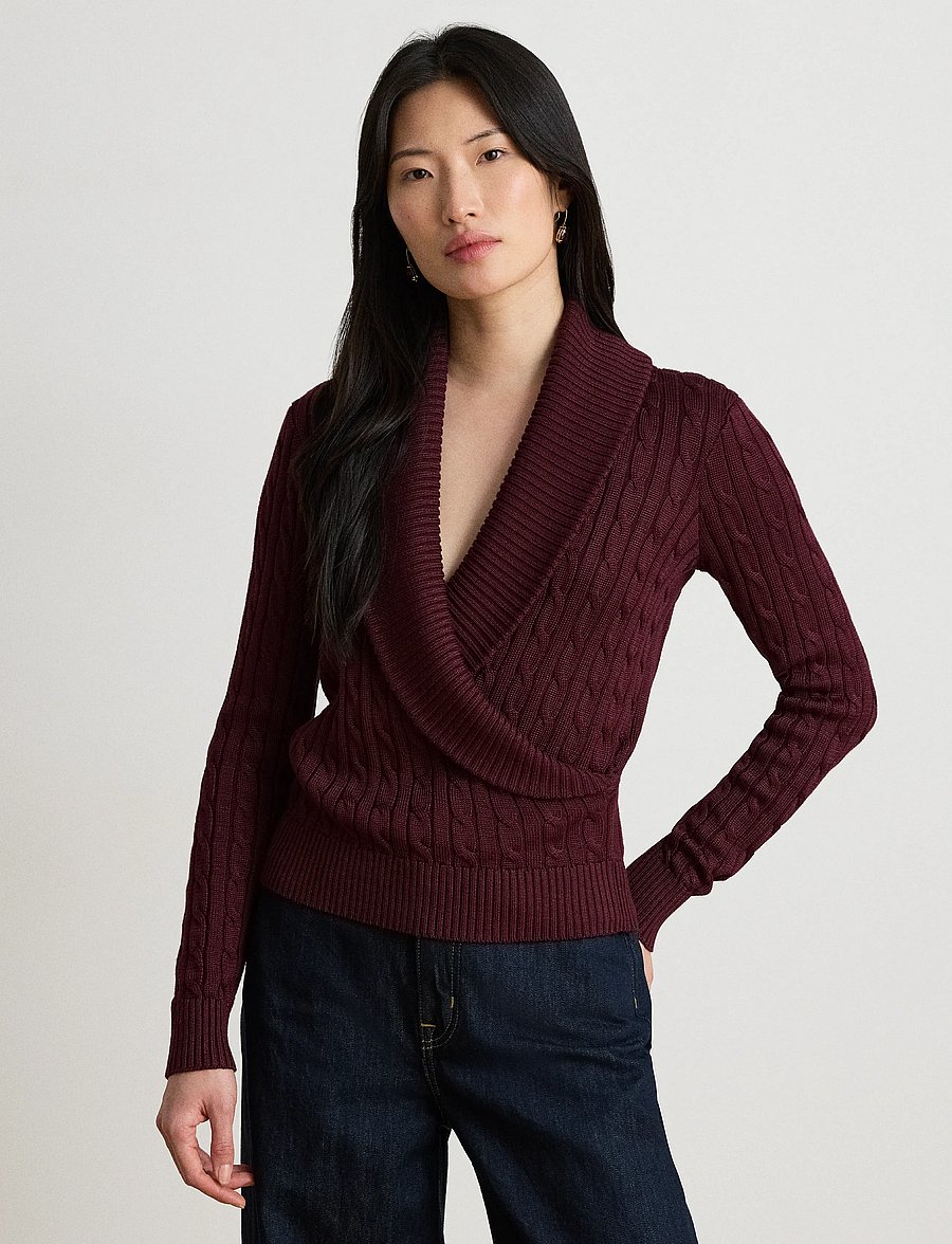 Lauren Ralph Lauren - Cable Cotton-Blend Shawl-Collar Sweater - jumpers - dark garnet - 0
