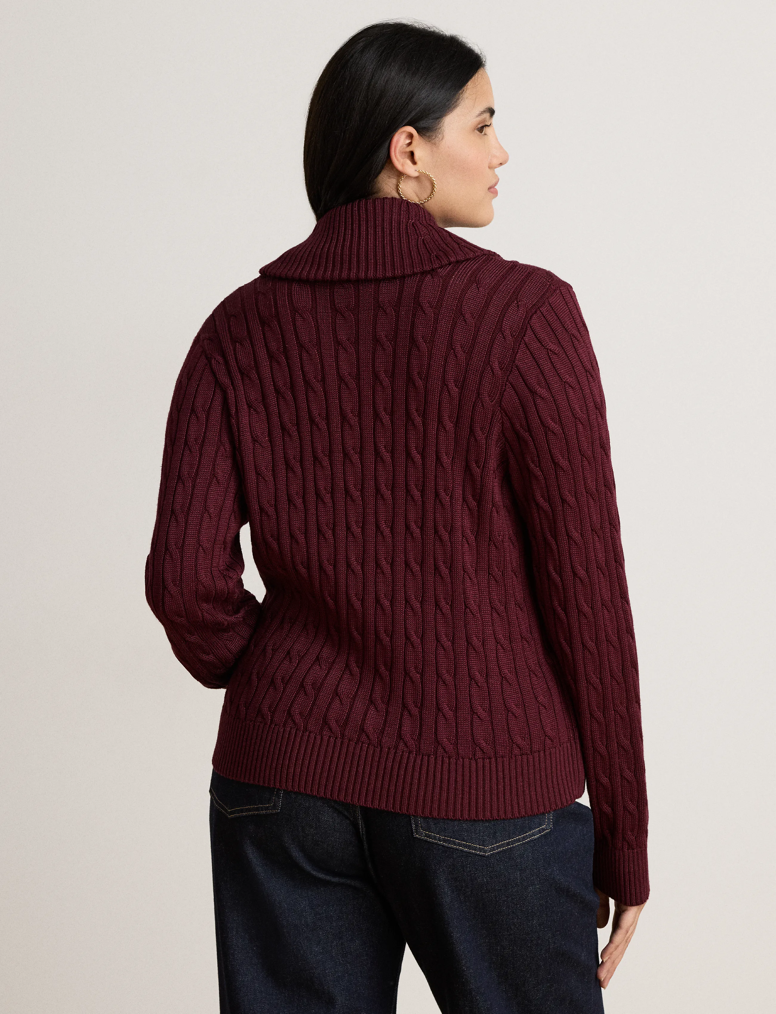 Lauren Ralph Lauren - Cable Cotton-Blend Shawl-Collar Sweater - jumpers - dark garnet - 3
