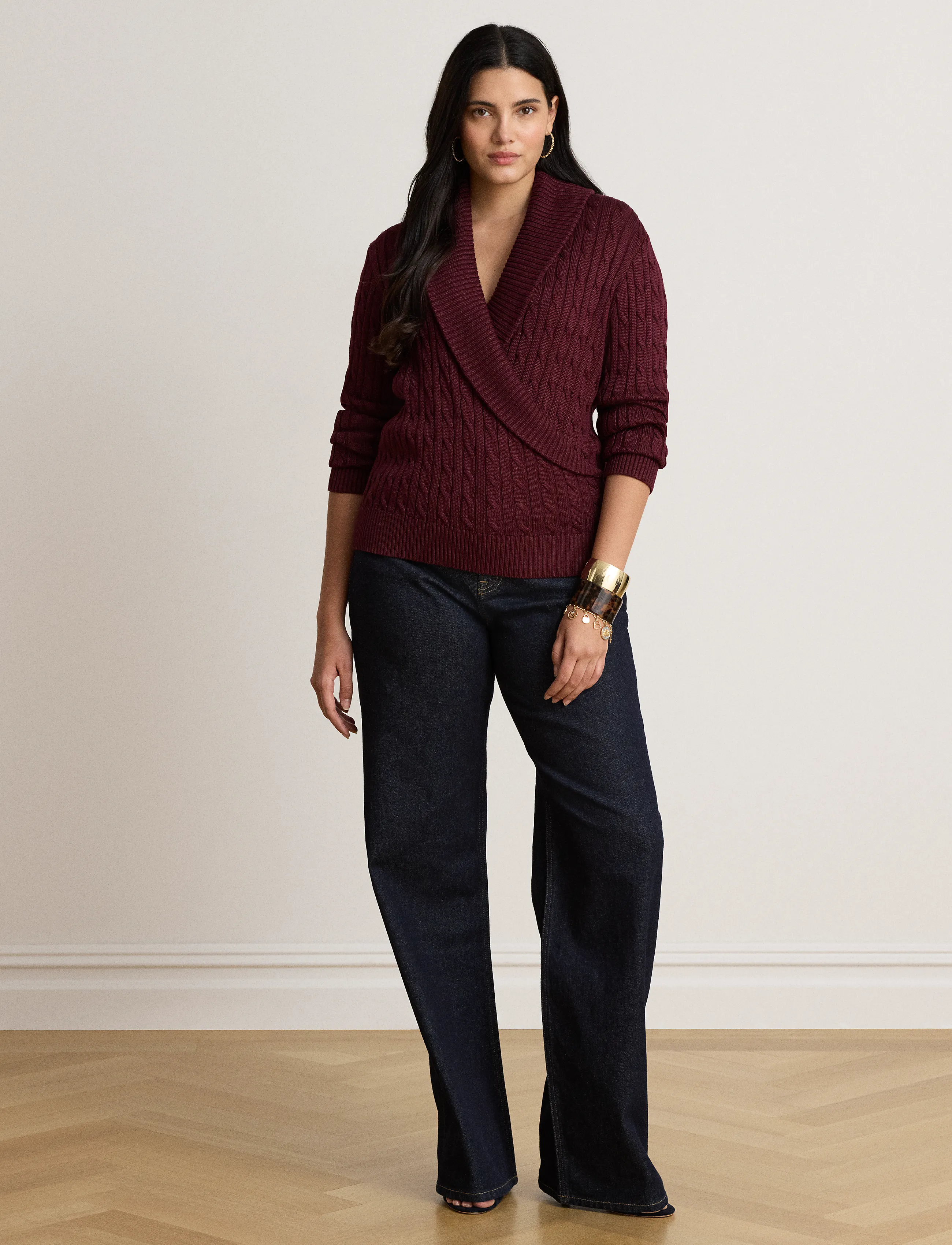 Lauren Ralph Lauren - Cable Cotton-Blend Shawl-Collar Sweater - jumpers - dark garnet - 4