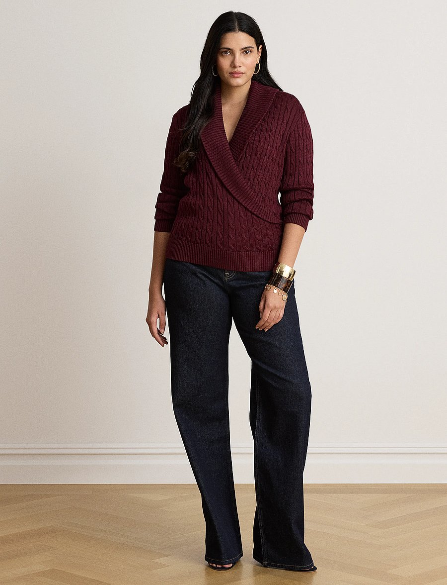 Lauren Ralph Lauren - Cable Cotton-Blend Shawl-Collar Sweater - jumpers - dark garnet - 4