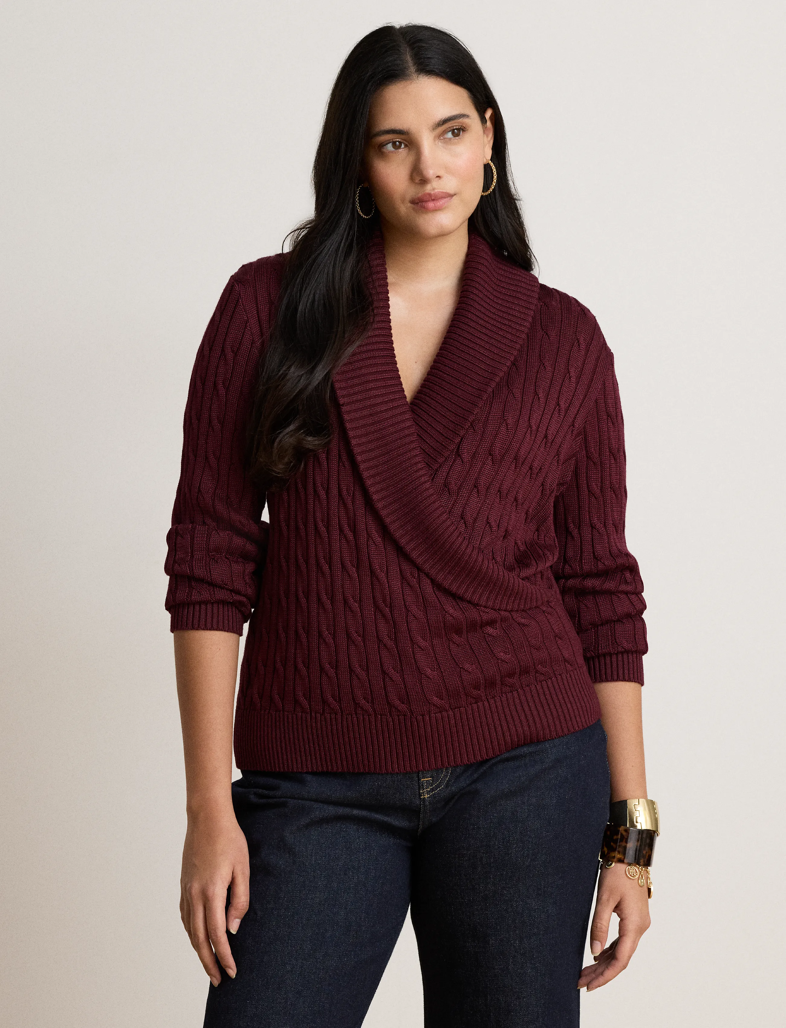 Lauren Ralph Lauren - Cable Cotton-Blend Shawl-Collar Sweater - jumpers - dark garnet - 5