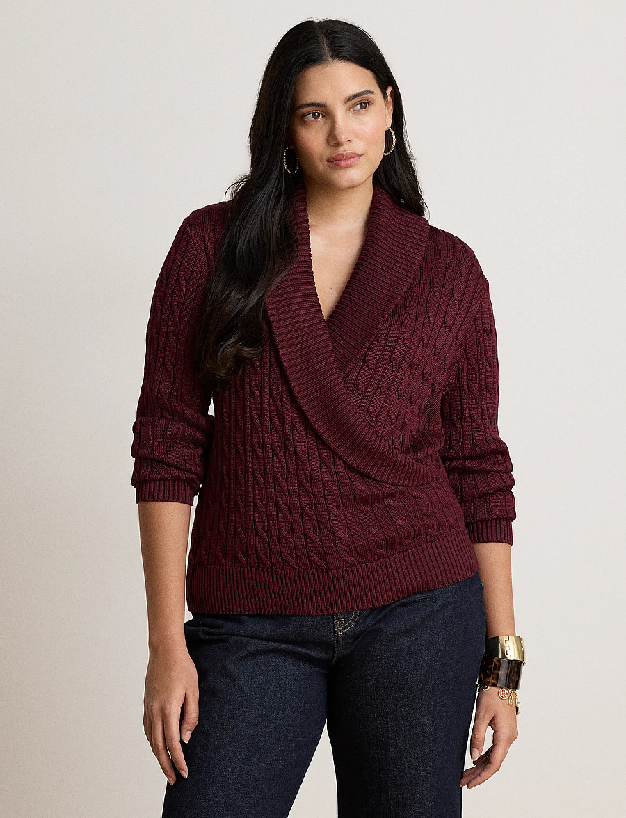 Lauren Ralph Lauren - Cable Cotton-Blend Shawl-Collar Sweater - jumpers - dark garnet - 5