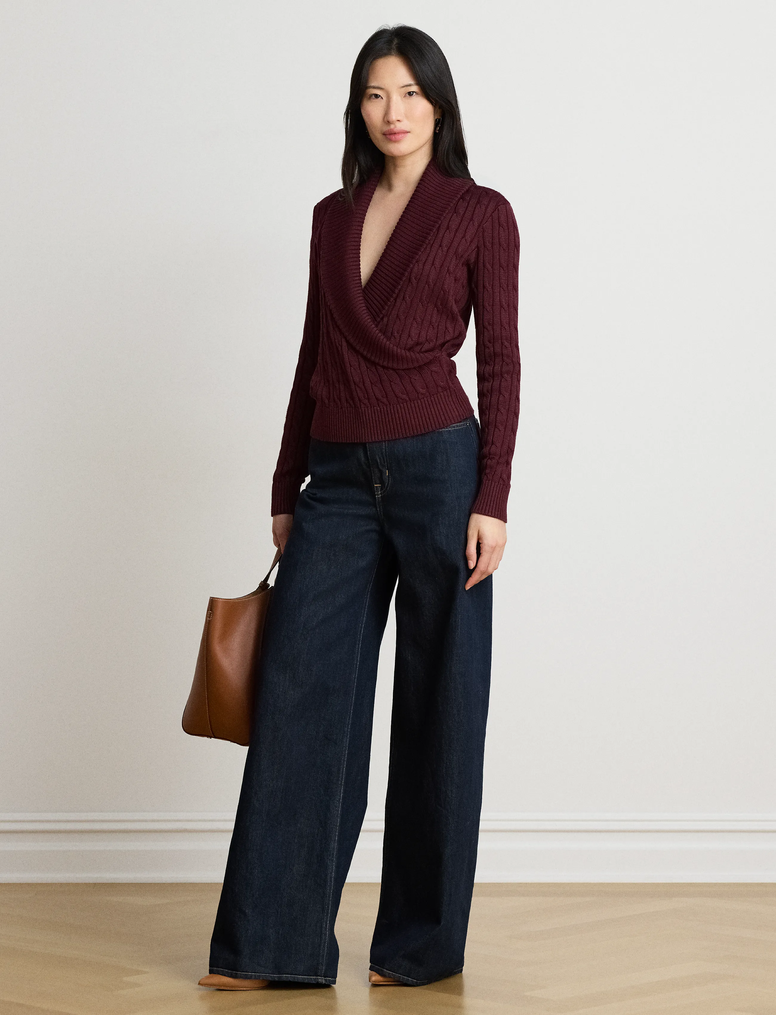Lauren Ralph Lauren Cable Cotton-Blend Shawl-Collar Sweater - Lauren Ralph Lauren - DARK GARNET / burgundy