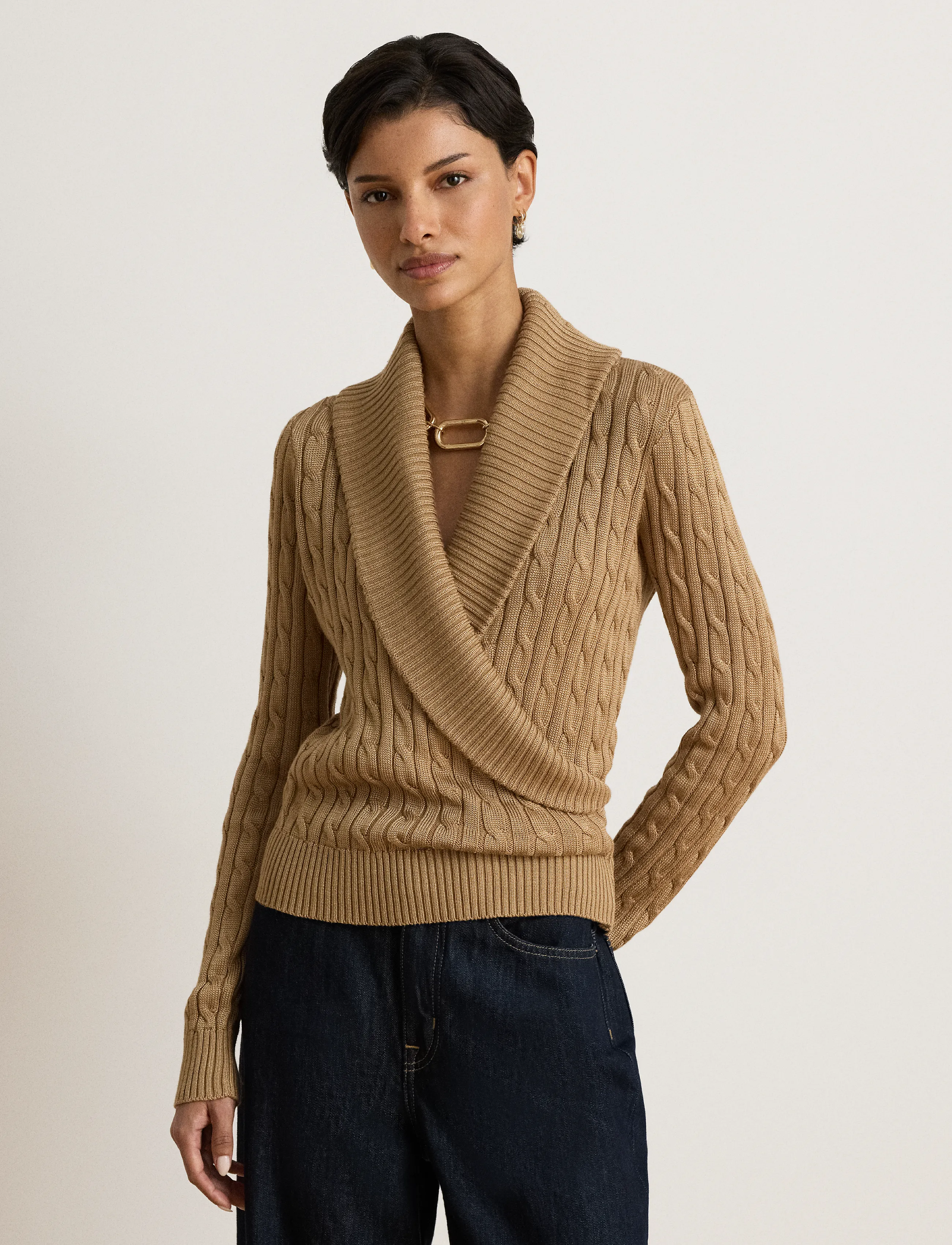 Lauren Ralph Lauren - Cable Cotton-Blend Shawl-Collar Sweater - kampsunid - lauren camel - 4