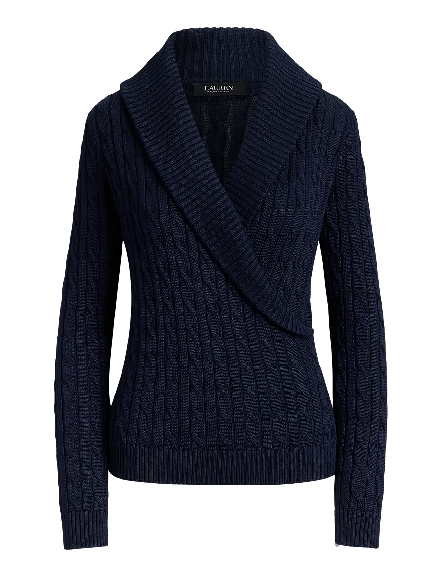Lauren Ralph Lauren - Cable Cotton-Blend Shawl-Collar Sweater - stickade tröjor - lauren navy - 1