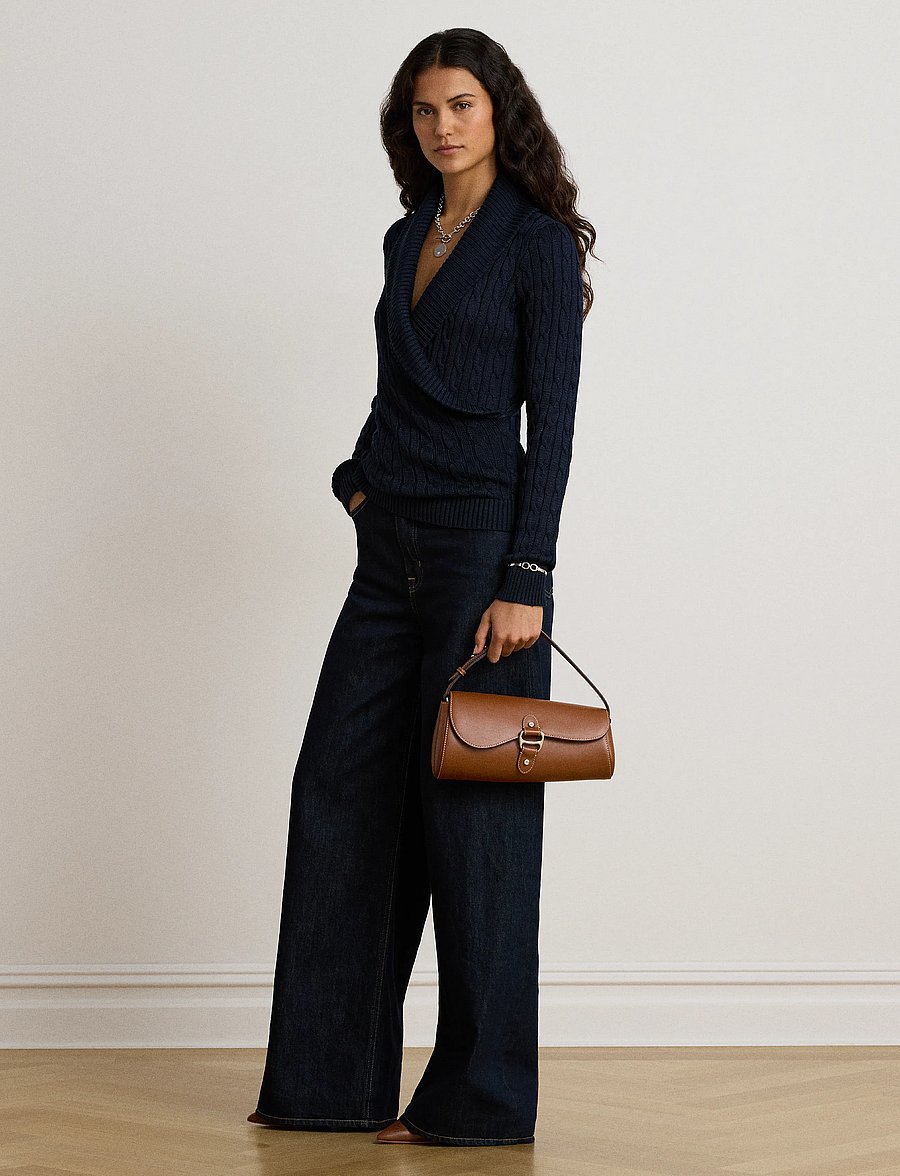 Lauren Ralph Lauren - Cable Cotton-Blend Shawl-Collar Sweater - stickade tröjor - lauren navy - 0