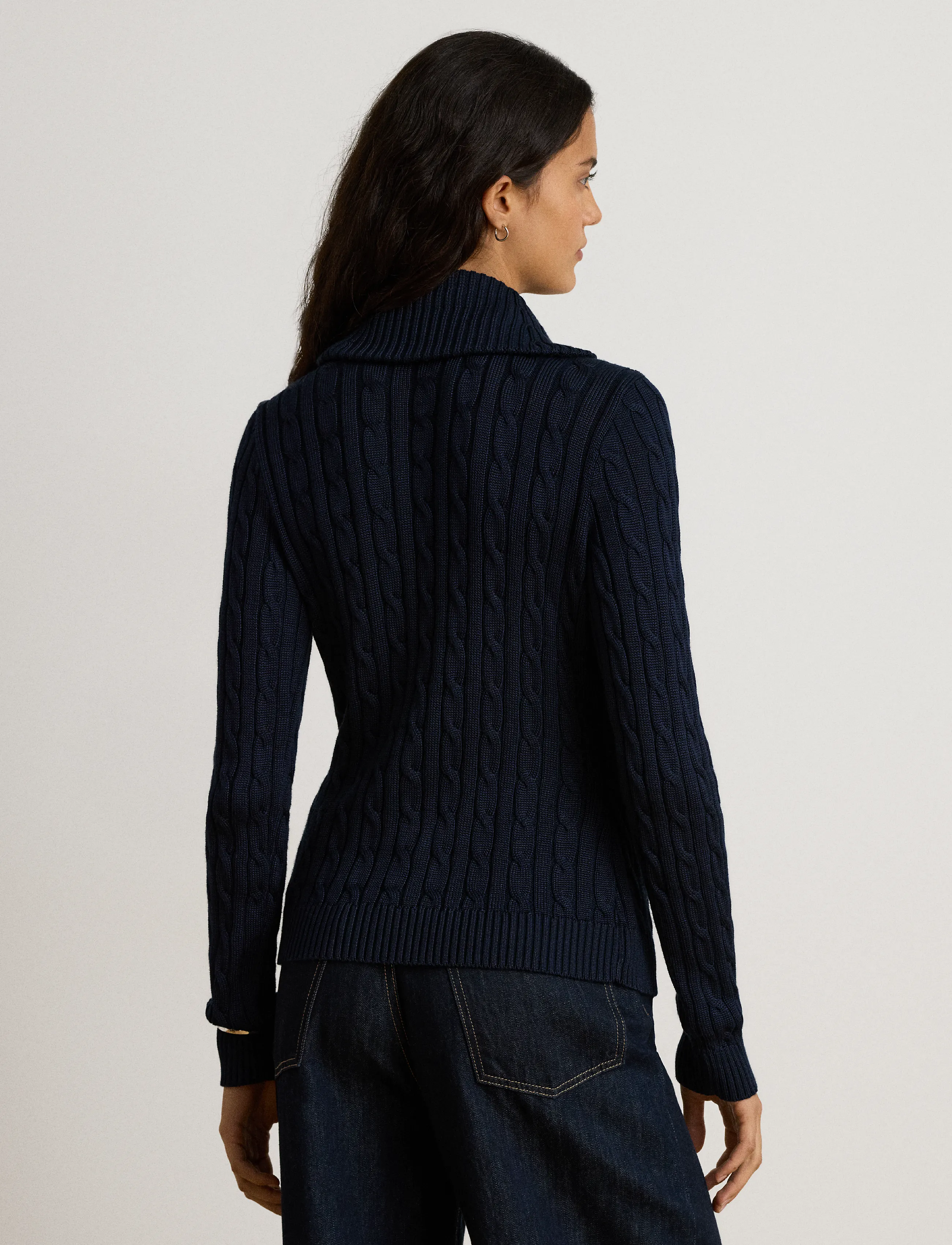 Lauren Ralph Lauren - Cable Cotton-Blend Shawl-Collar Sweater - stickade tröjor - lauren navy - 2