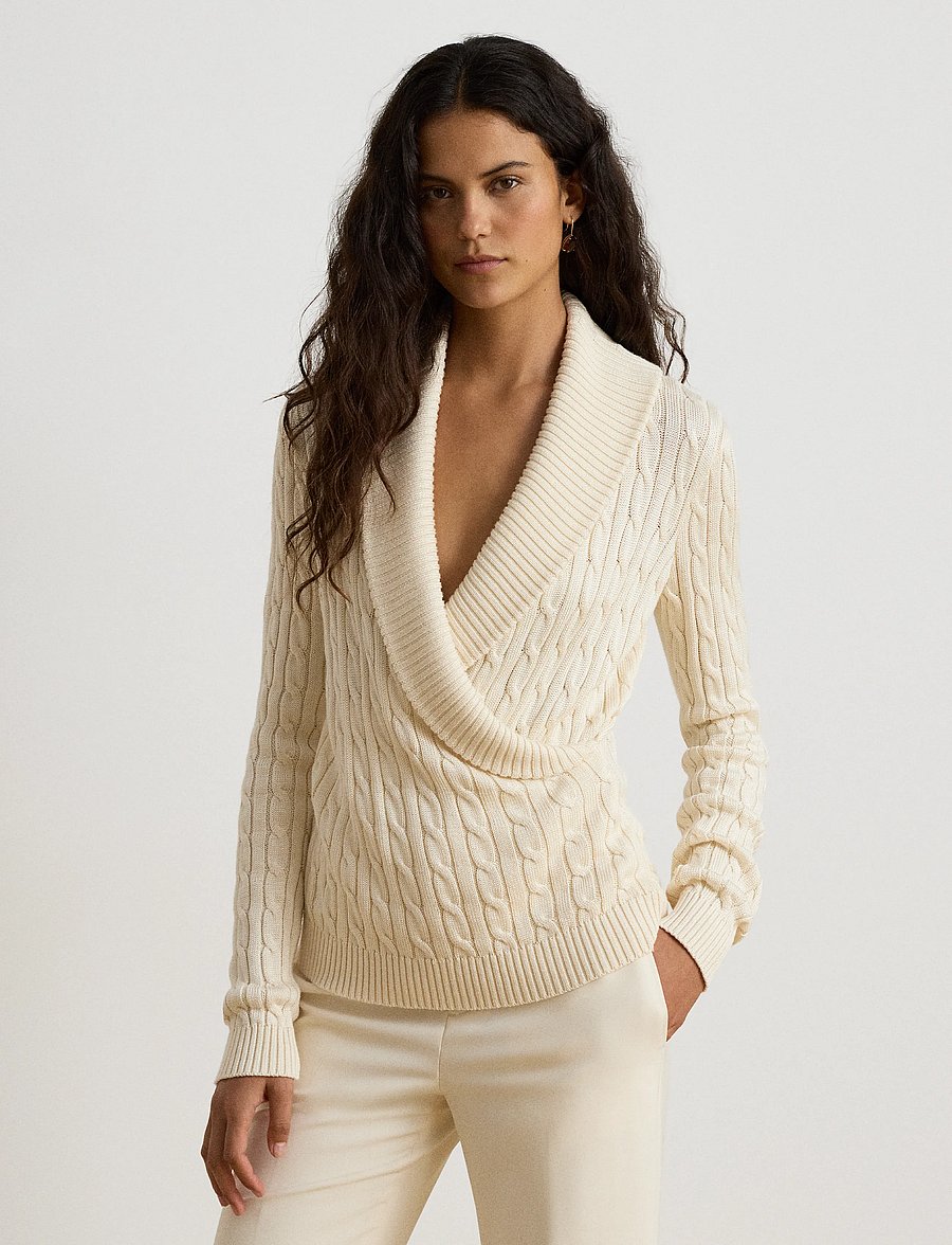 Lauren Ralph Lauren - Cable Cotton-Blend Shawl-Collar Sweater - jumpers - mascarpone cream - 0