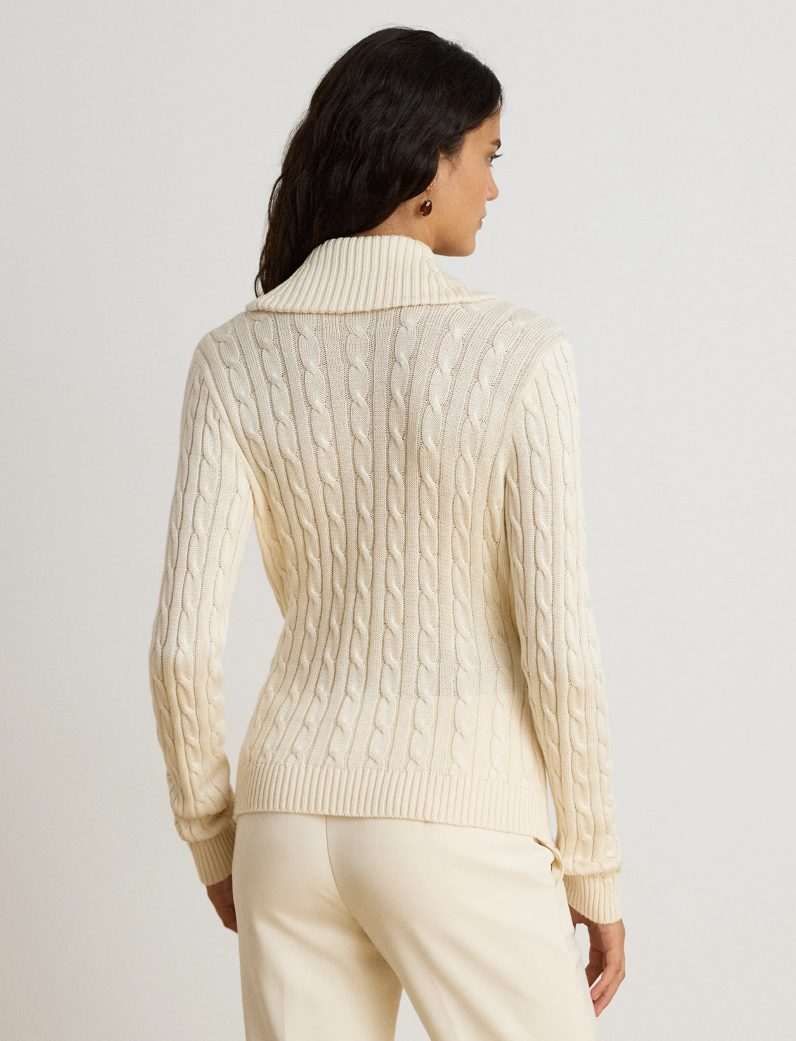 Lauren Ralph Lauren - Cable Cotton-Blend Shawl-Collar Sweater - jumpers - mascarpone cream - 3