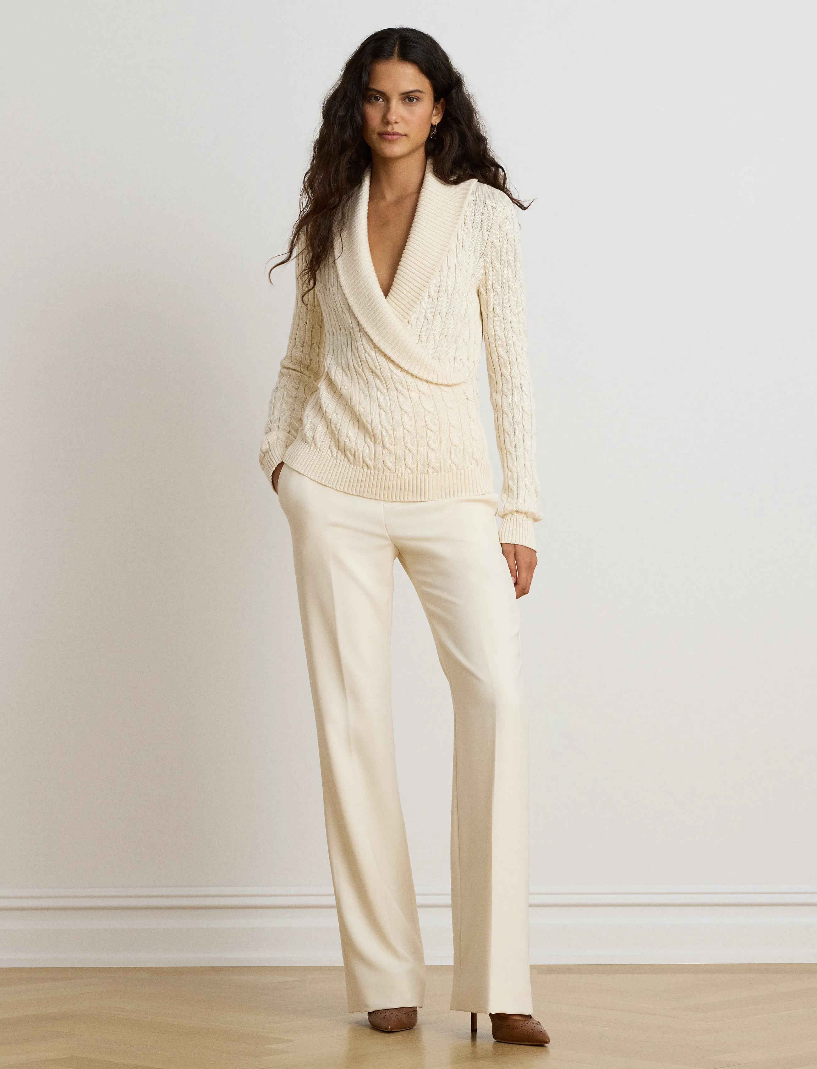 Lauren Ralph Lauren - Cable Cotton-Blend Shawl-Collar Sweater - jumpers - mascarpone cream - 4