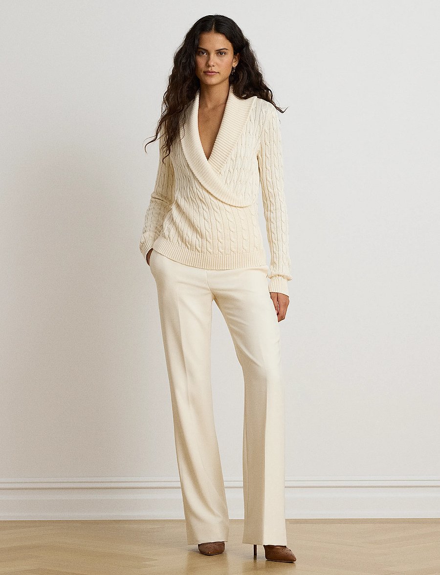 Lauren Ralph Lauren - Cable Cotton-Blend Shawl-Collar Sweater - jumpers - mascarpone cream - 4