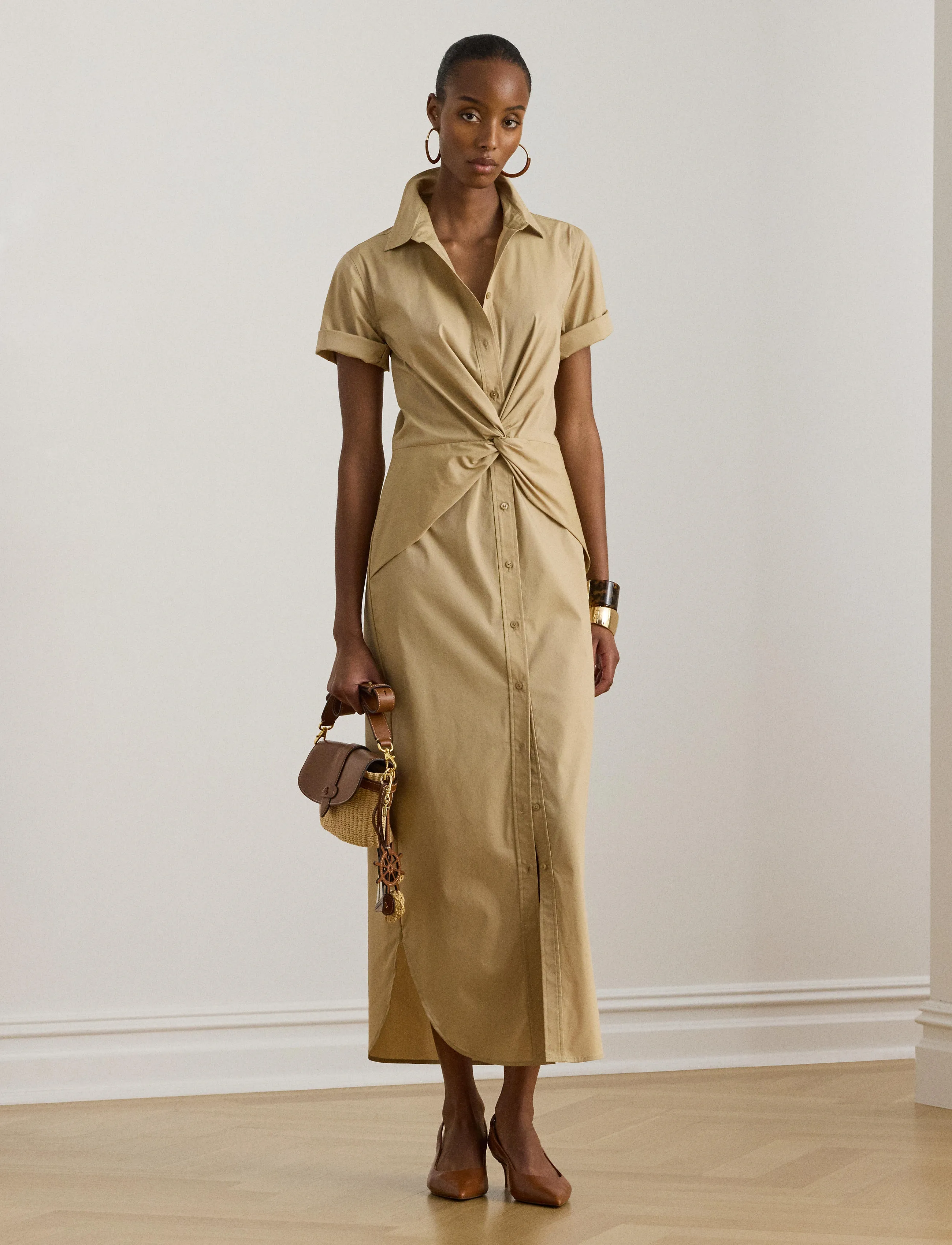 Lauren Ralph Lauren - Twist-Front Cotton-Blend Shirtdress - sommarklänningar - birch tan - 5