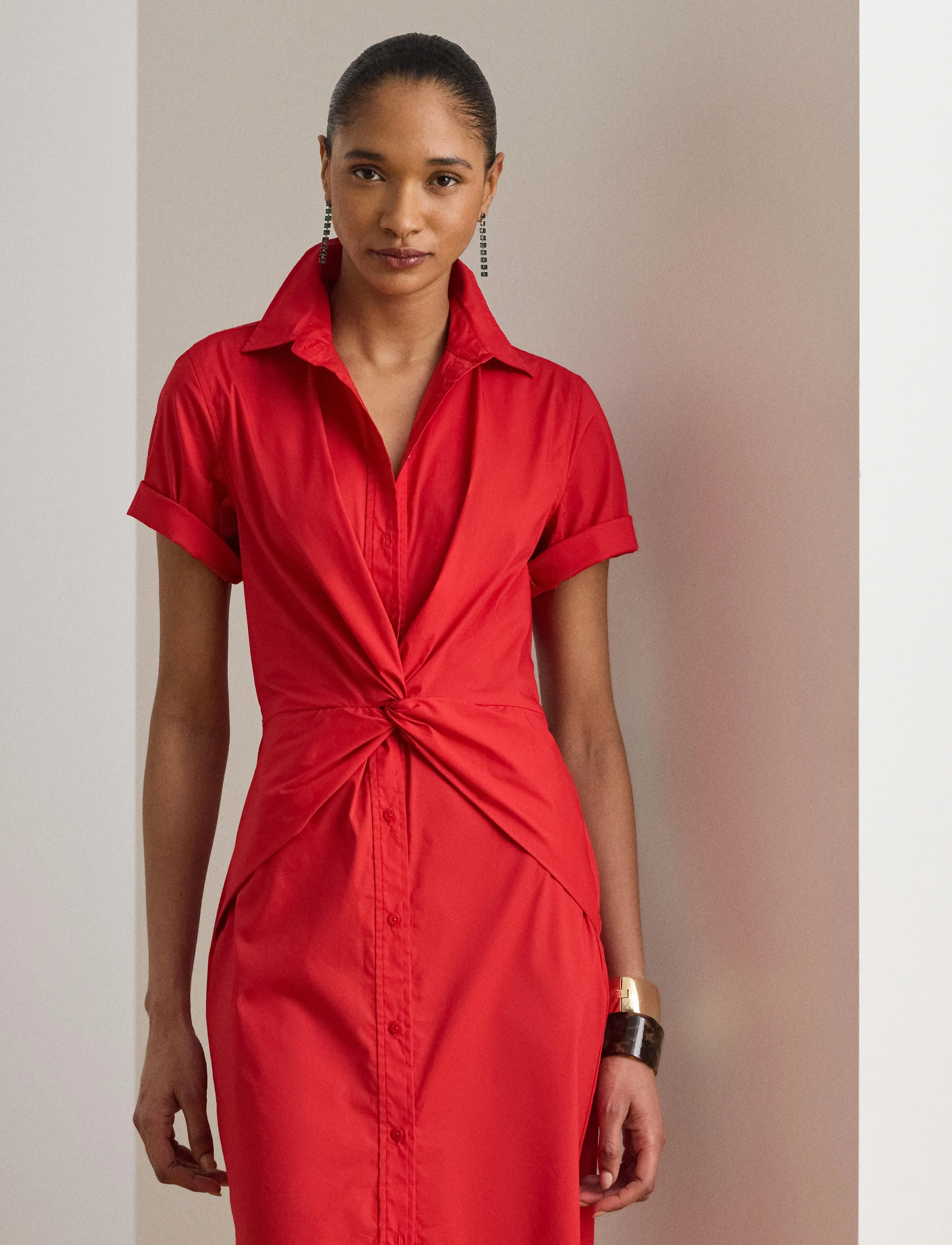 Lauren Ralph Lauren Twist-Front Cotton-Blend Shirtdress - Lauren Ralph Lauren - CRUISE RED / red