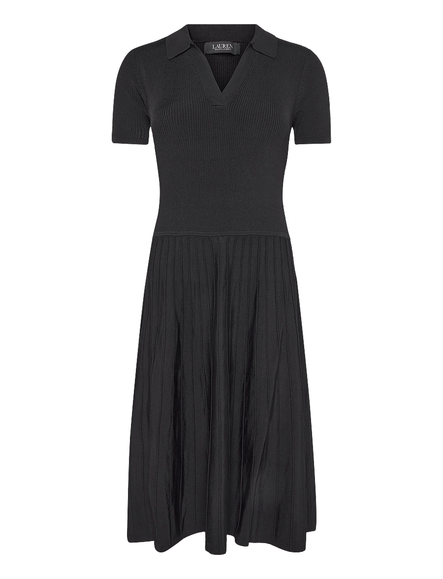 Lauren Ralph Lauren - Ribbstickad klänning med kort ärm - midiklänningar - black - 2