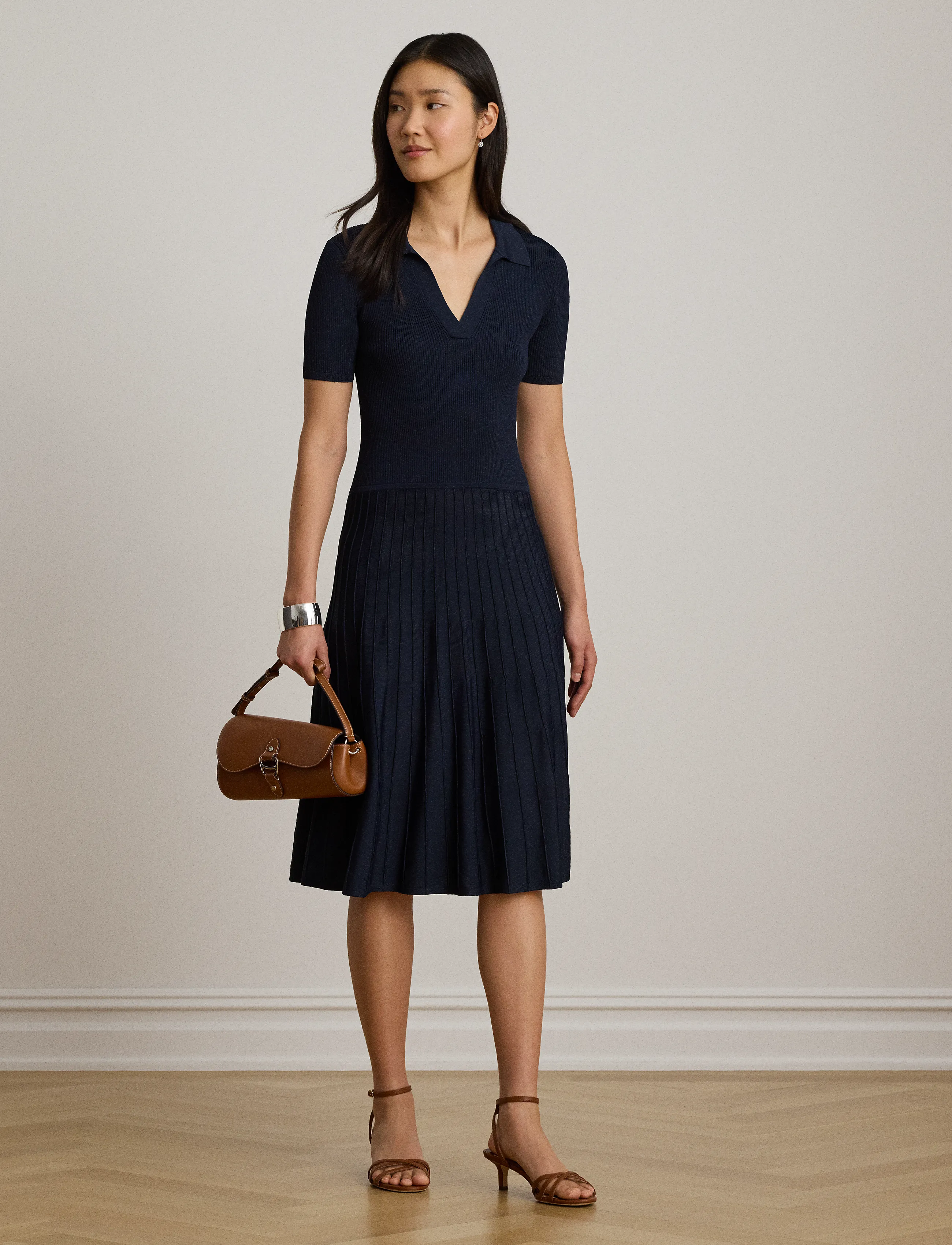 Lauren Ralph Lauren Matte Rayon/Nylon-Swtr-Dresses, Kvinder, Ribstrikket Polo Kjole, Navy, Str: M