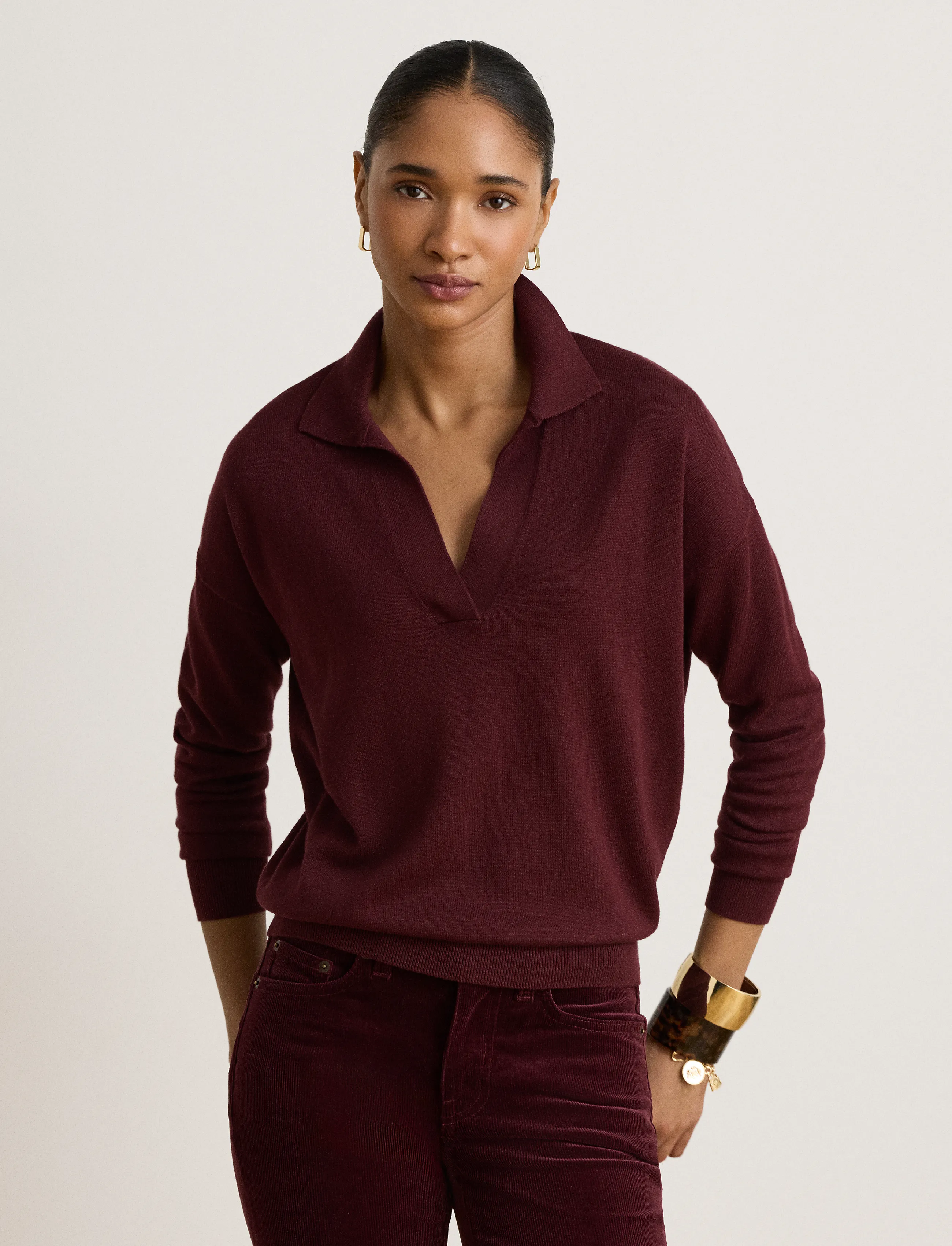 Lauren Ralph Lauren Cotton-Modal Polo Sweater - Stickat - DARK GARNET / burgundy