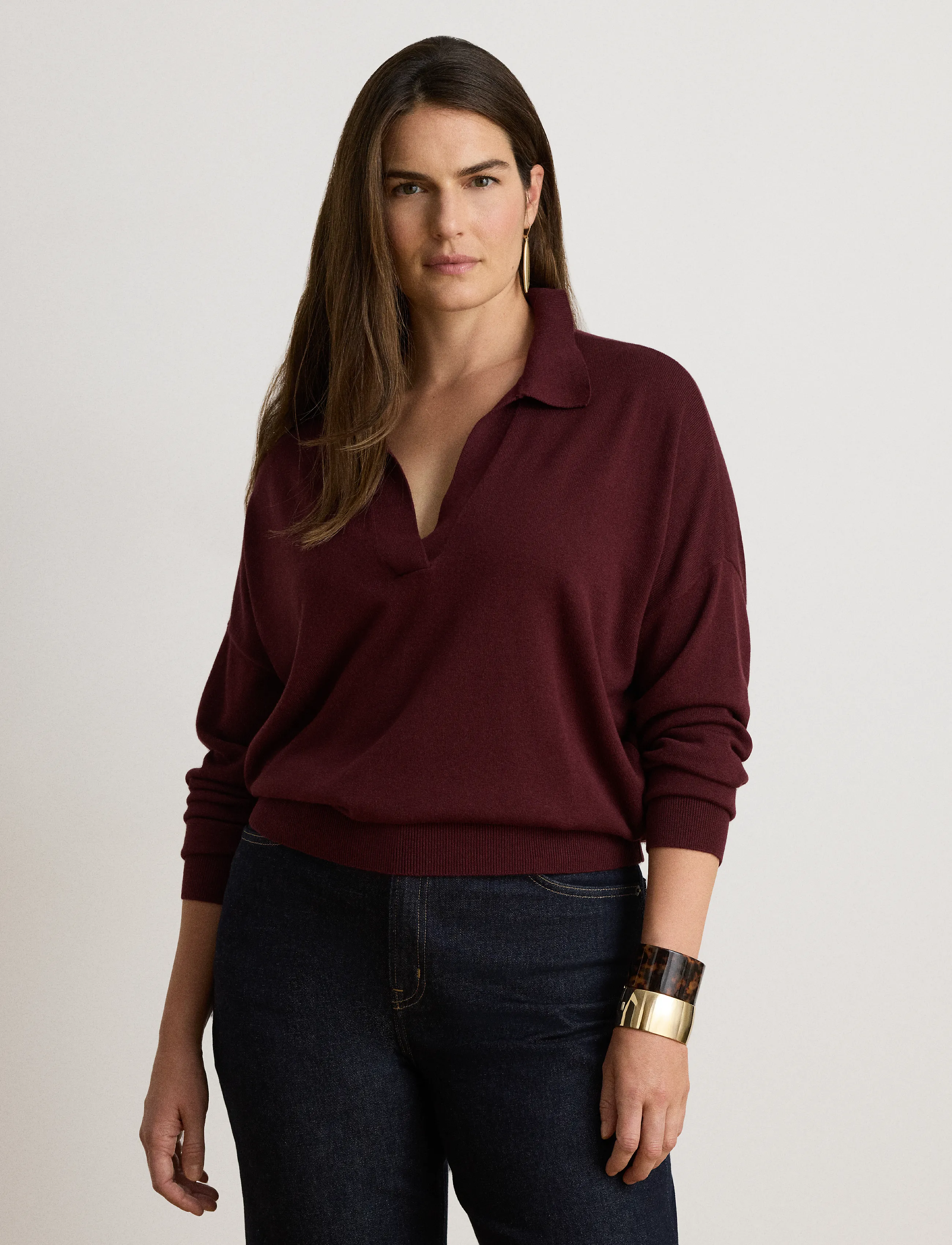 Lauren Ralph Lauren - Cotton-Modal Polo Sweater - stickade tröjor - dark garnet - 4