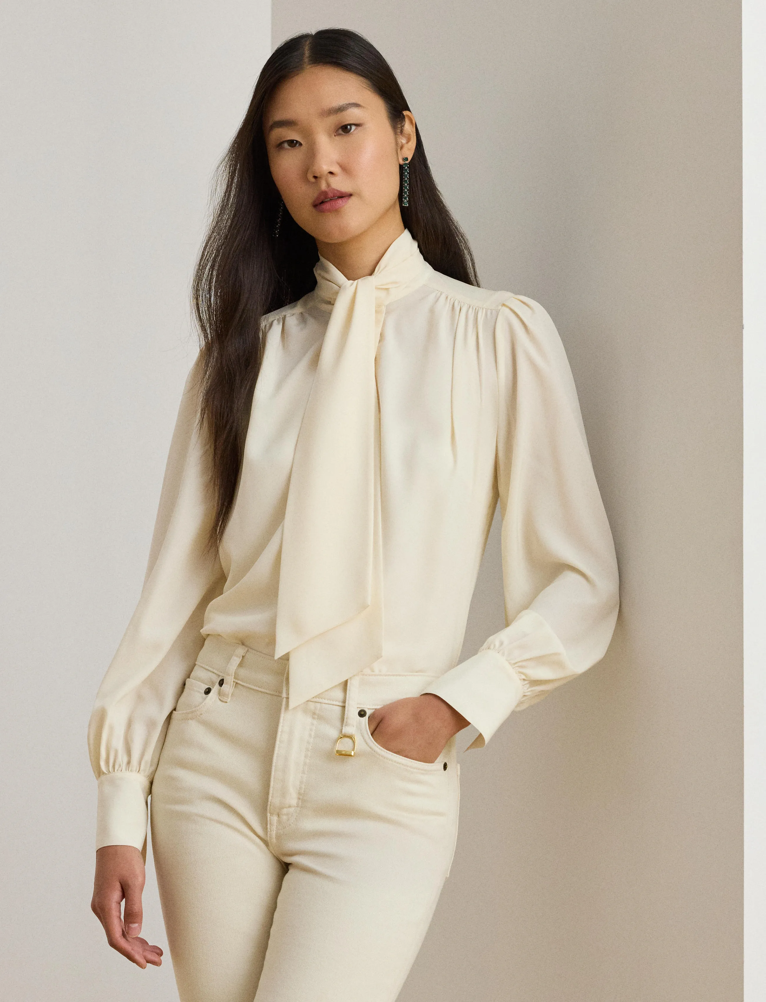 Lauren Ralph Georgette Tie-Neck Blouse, S, Blouses, Creme - Long-sleeved, Frauen