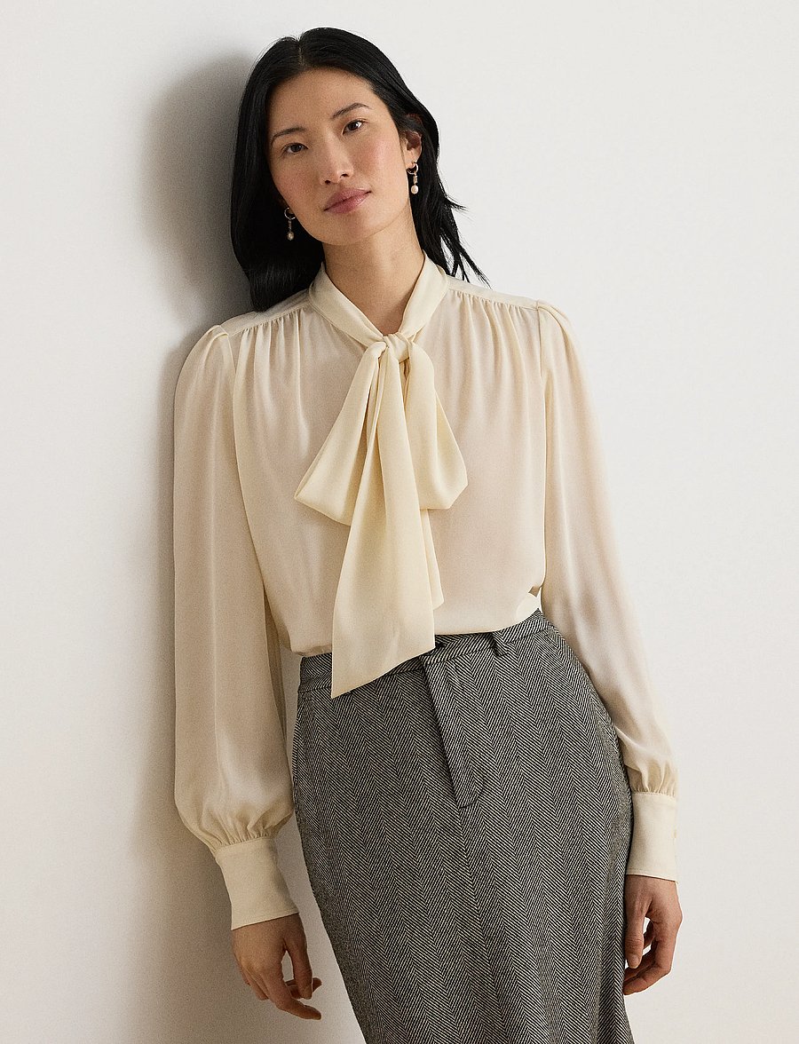 Lauren Ralph Lauren - Georgette Tie-Neck Blouse - langærmede bluser - mascarpone cream - 1