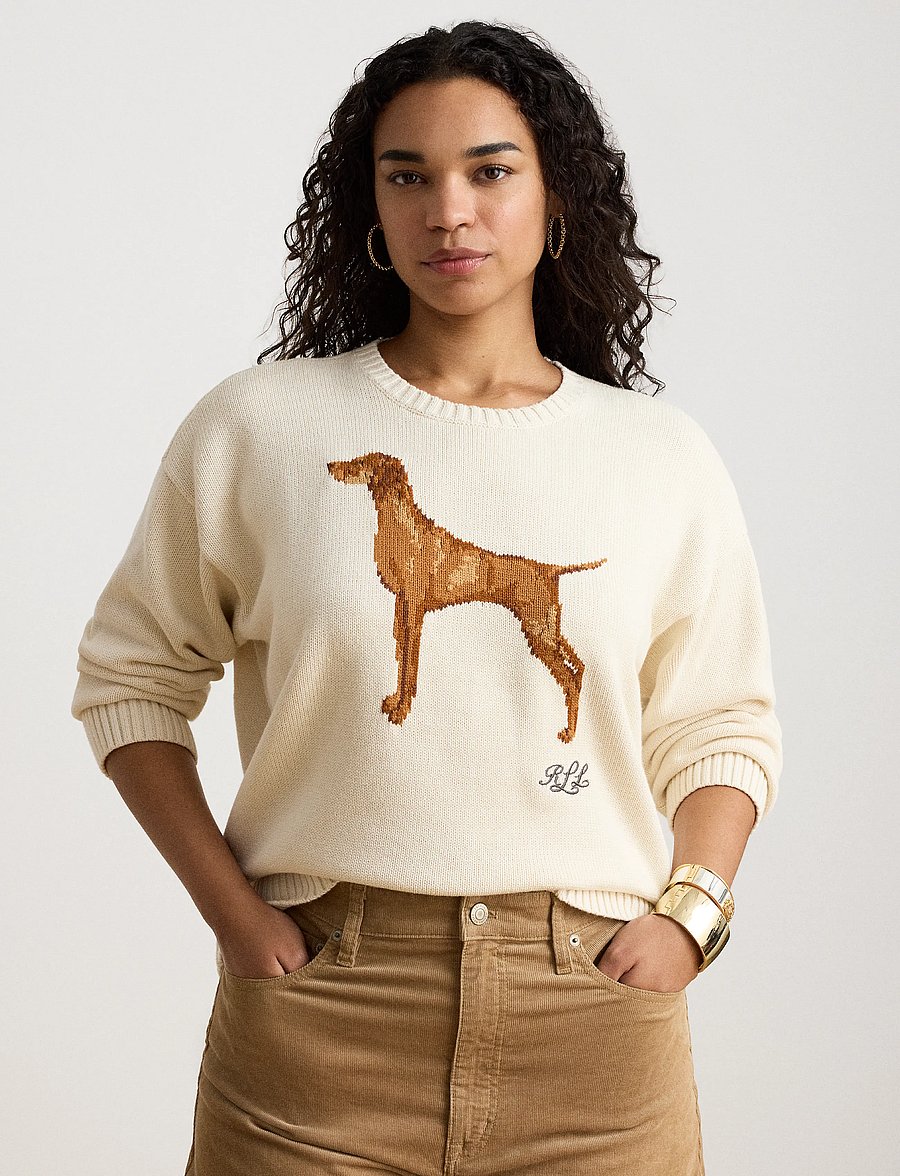 Lauren Ralph Lauren - Intarsia-Knit Vizsla Cotton Sweater - mascarpone cream - 0