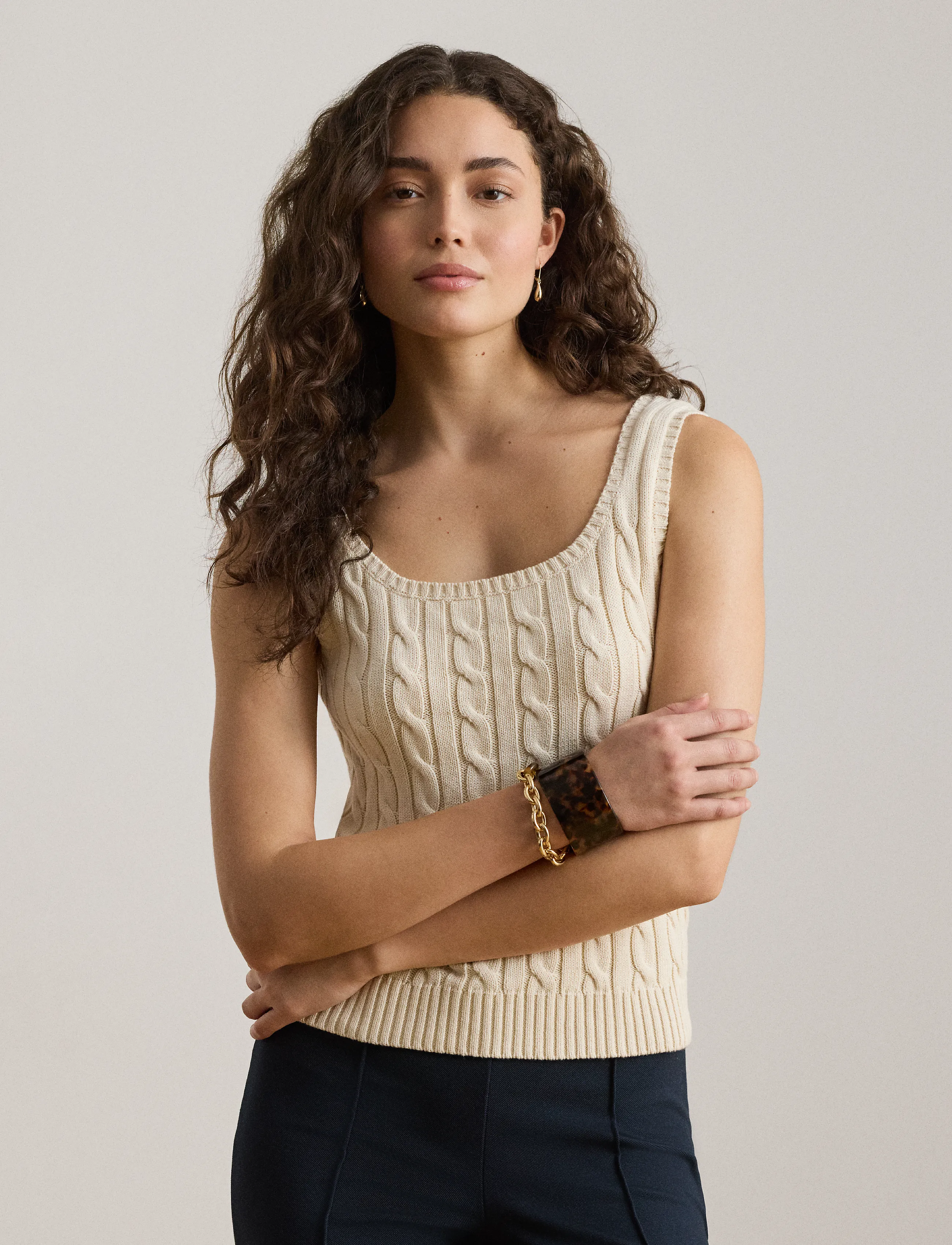Lauren Ralph Lauren Cable Cotton-Blend Sleeveless Sweater - T-shirts & Toppar - MASCARPONE CREAM / cream