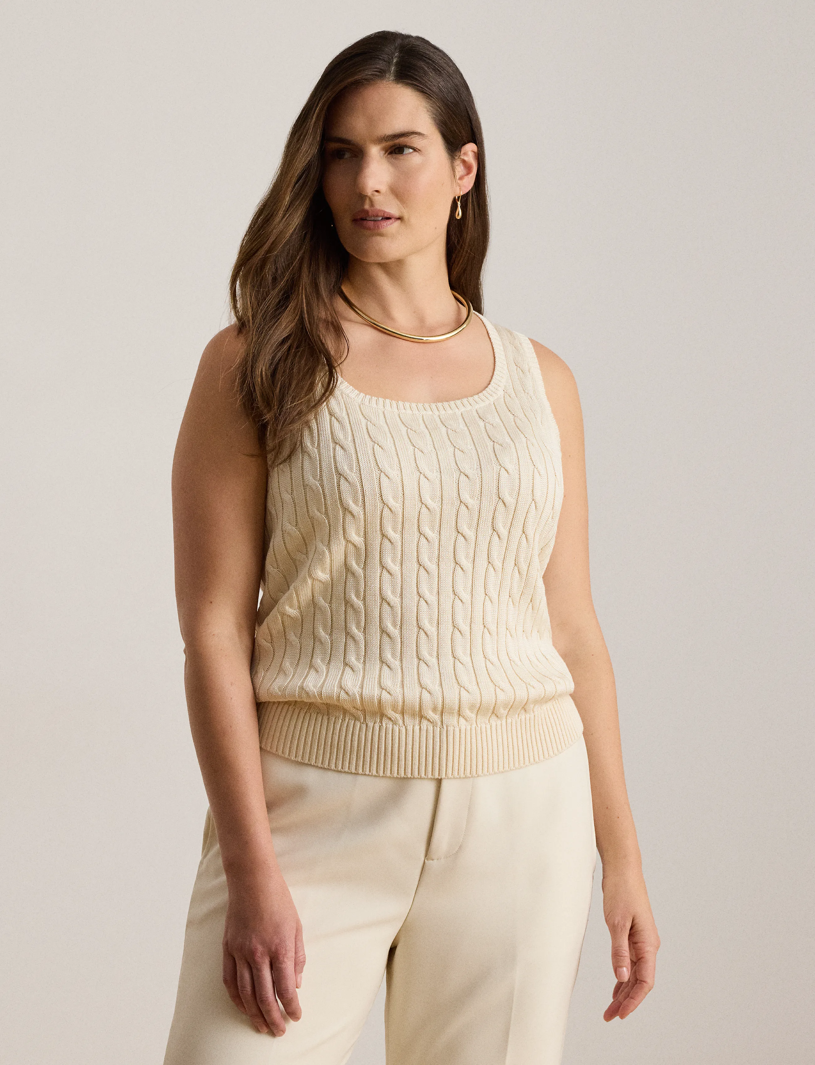 Lauren Ralph Lauren - Cable Cotton-Blend Sleeveless Sweater - mascarpone cream - 4