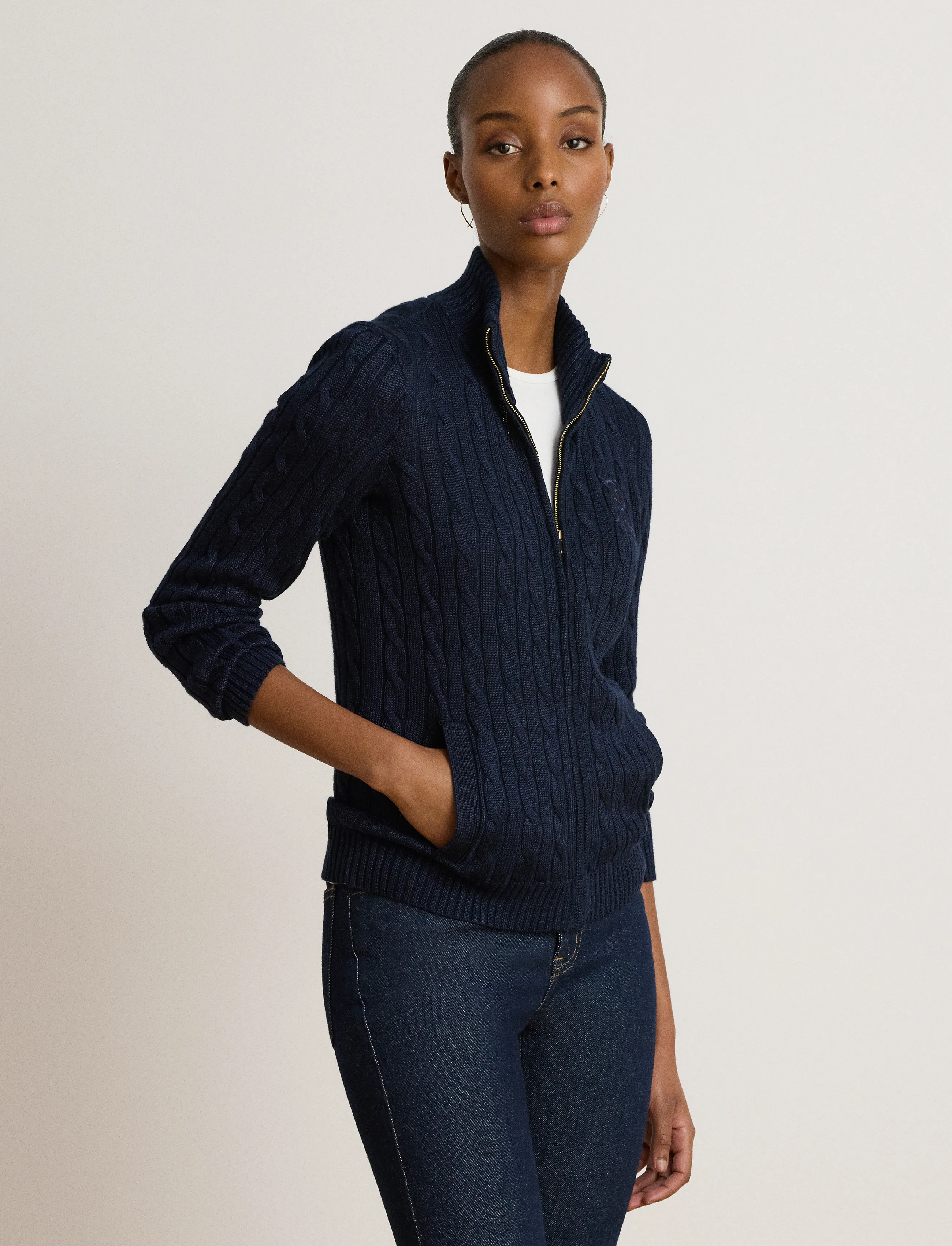 Lauren Ralph Lauren Cable-Knit Full-Zip Mockneck Sweater - Autumn/Winter 2026 - LAUREN NAVY / navy
