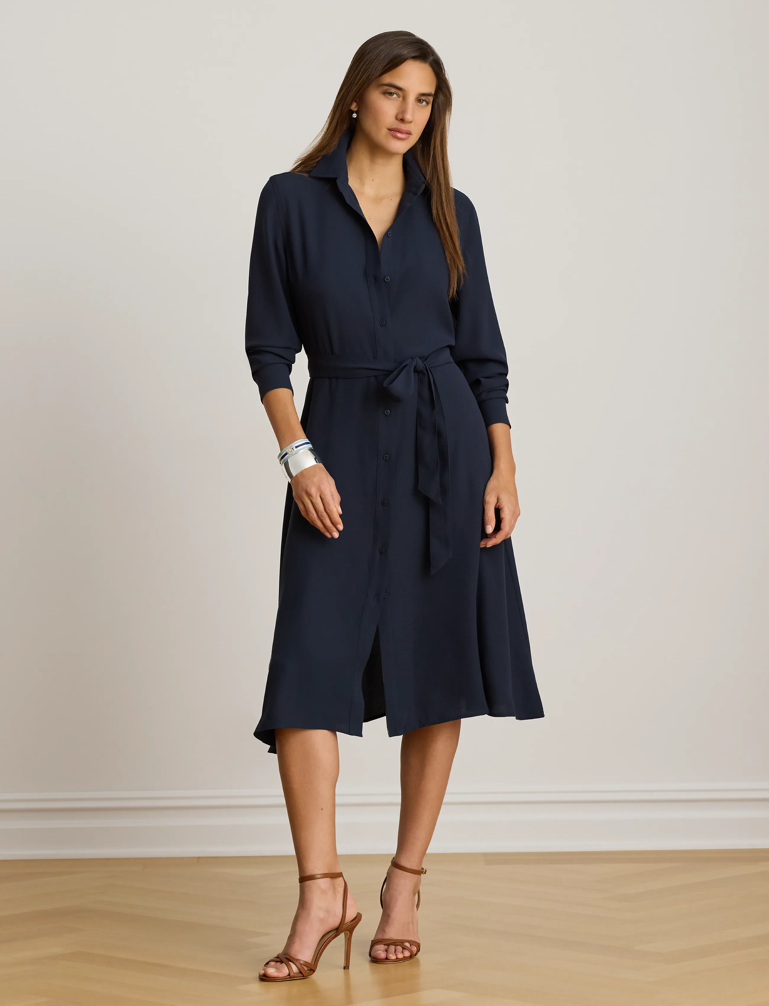 Lauren Ralph Lauren Belted Double-Faced Georgette Shirtdress - Robes chemises - LAUREN NAVY / navy