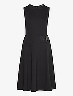 Buckle-Trim Ponte Sleeveless Dress - BLACK