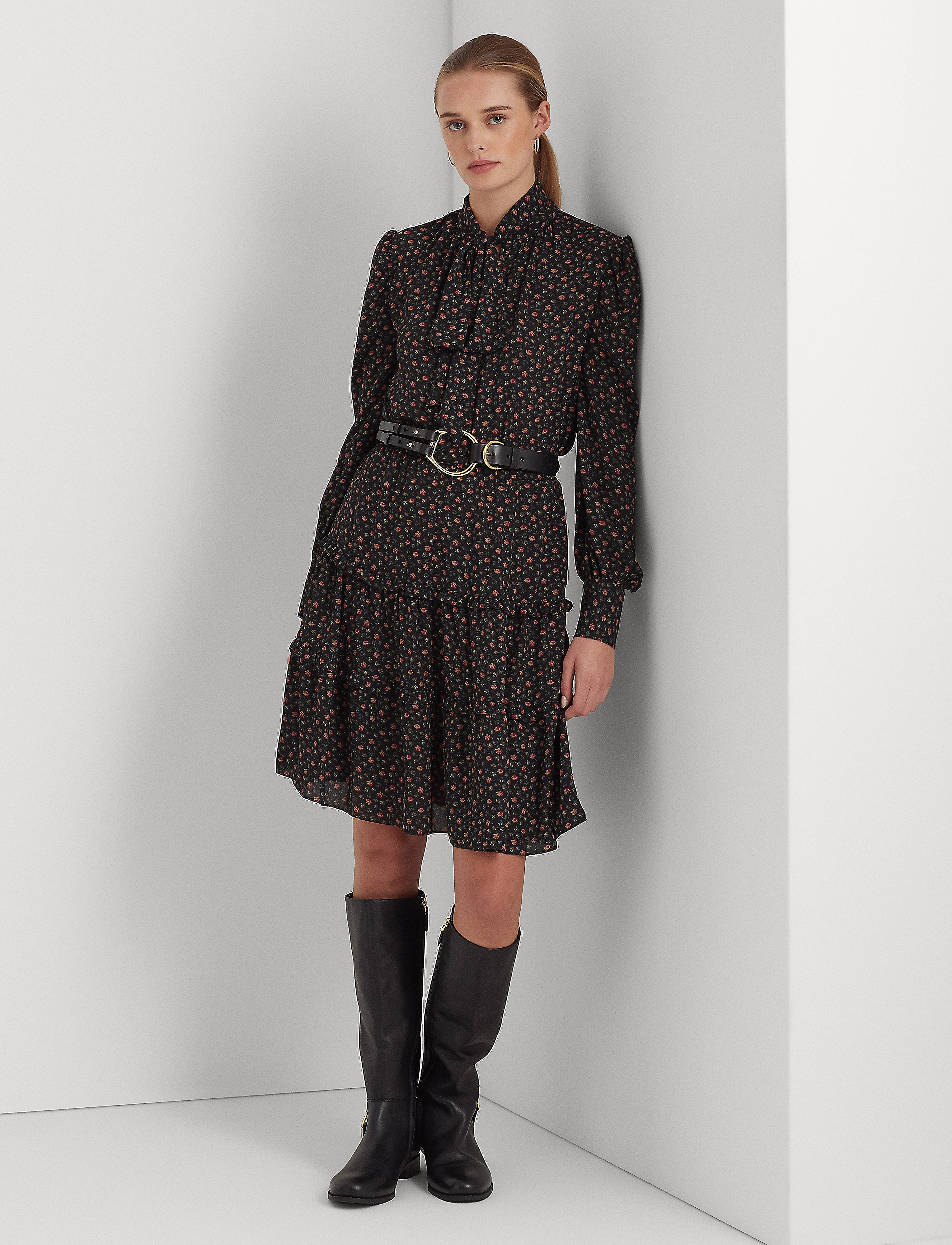 Lauren Ralph Lauren - Floral Tie-Neck Georgette Dress - black multi - 2