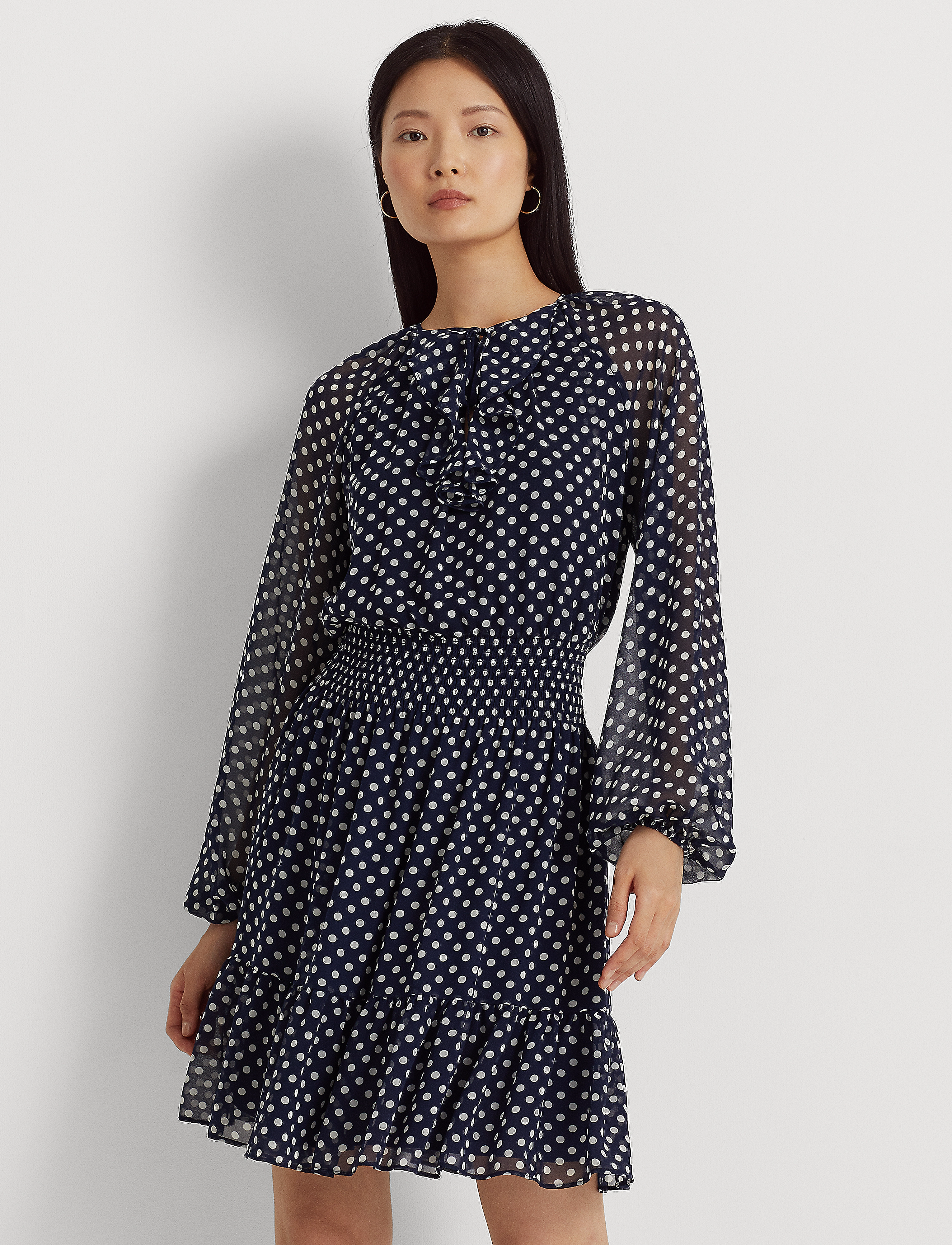 Lauren Ralph Lauren - Polka-Dot Chiffon Long-Sleeve Dress - navy/cream - 2