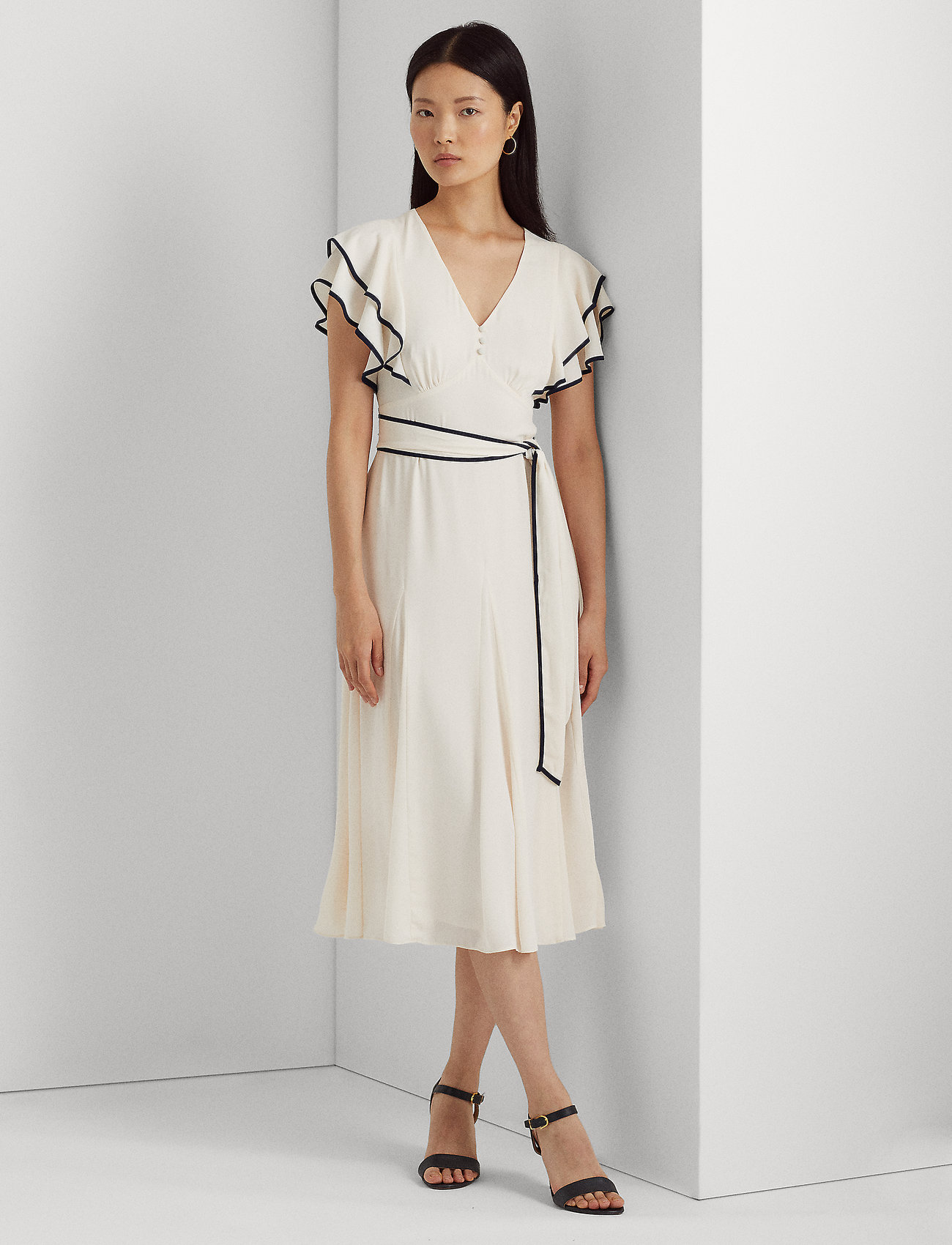 Lauren Ralph Lauren Belted Georgette Flutter-sleeve Dress - Midi dresses -  