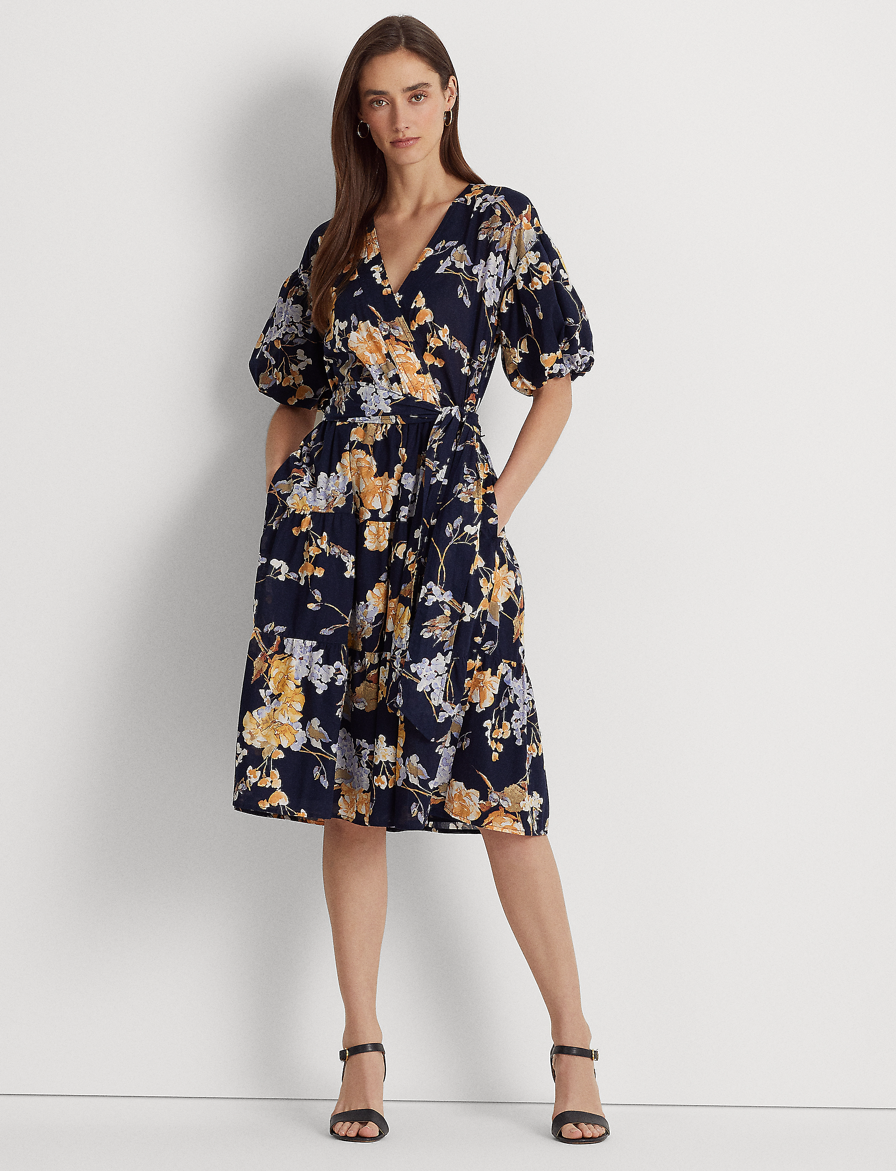 Lauren Ralph Lauren - Floral Belted Cotton Voile Dress - navy multi - 2