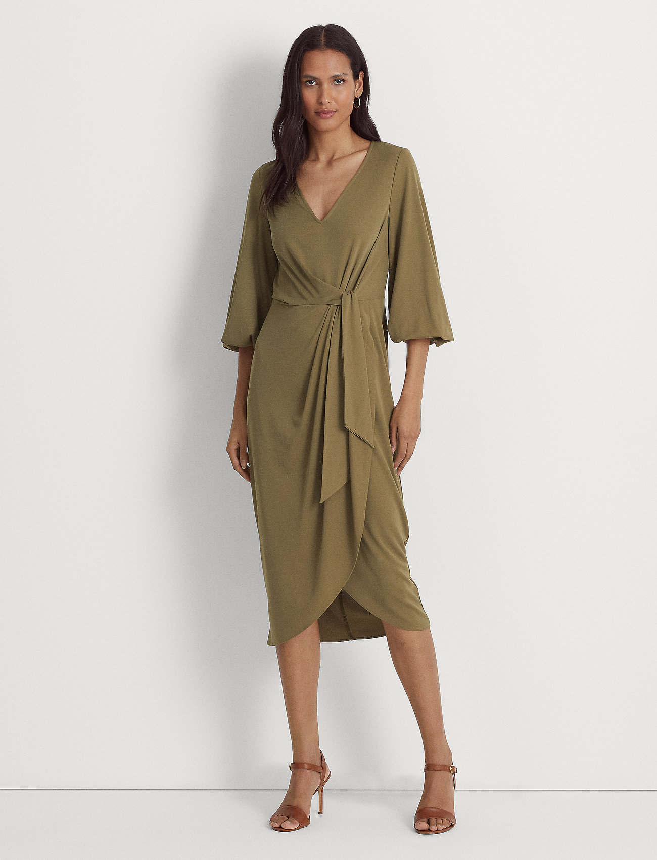 Lauren Ralph Lauren - Stretch Jersey Tie-Front Midi Dress - festklänningar - olive fern - 0