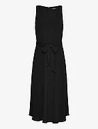 Belted Crepe Sleeveless Dress - BLACK
