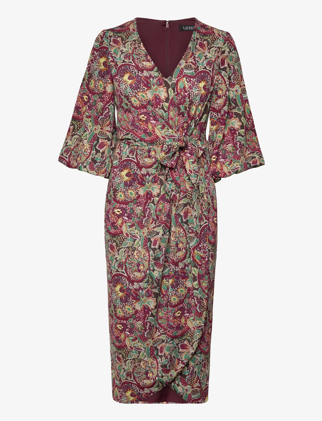 Lauren Ralph Lauren - Floral Jersey Tie-Front Midi Dress - kietaisumekot - burgundy multi - 1