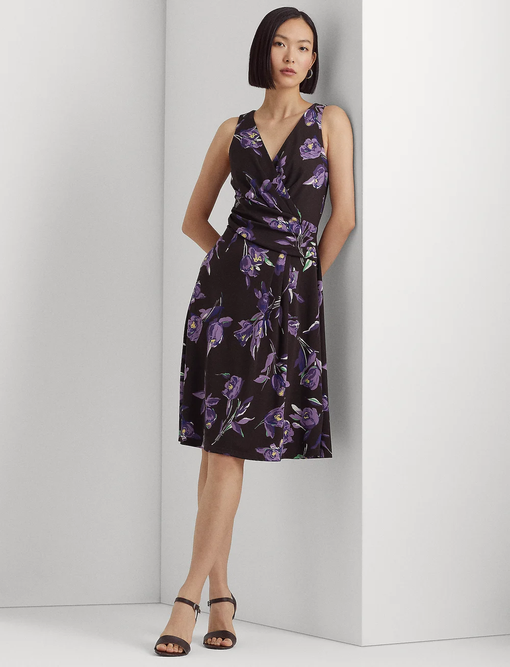 Lauren Ralph Lauren - Floral Surplice Jersey Sleeveless Dress - sommerkleider - brown/purple/mult - 0