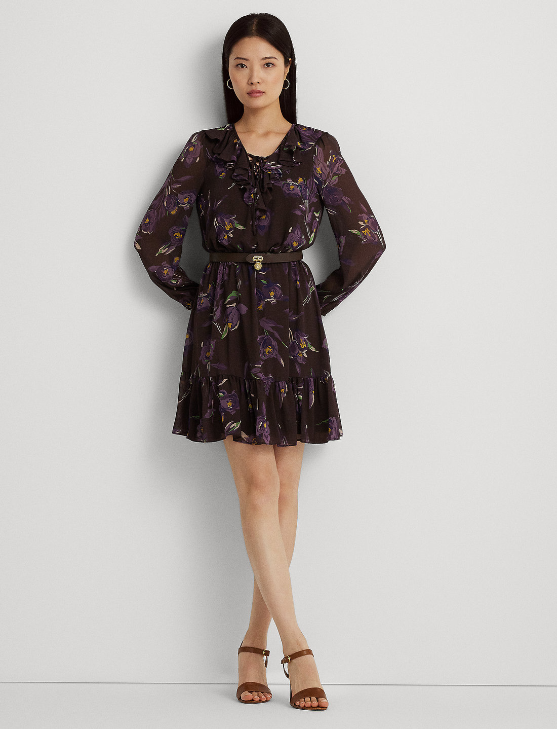 Floral georgette sales ruffled wrap dress