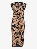Palm Frond-Print Jersey Tie-Front Dress - TAN/BLACK
