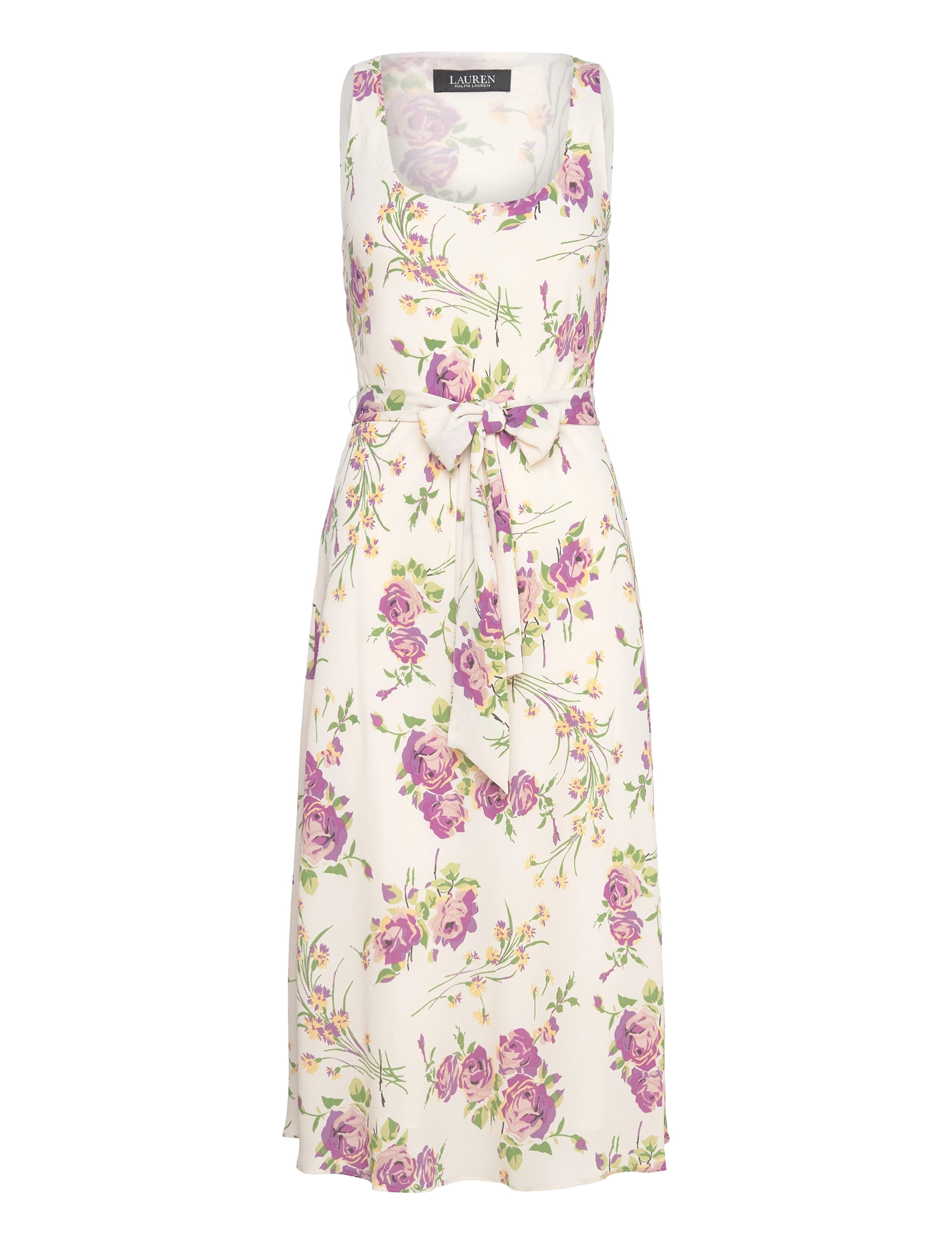 Floral Belted Crepe Sleeveless Dress - CREAM MULTI