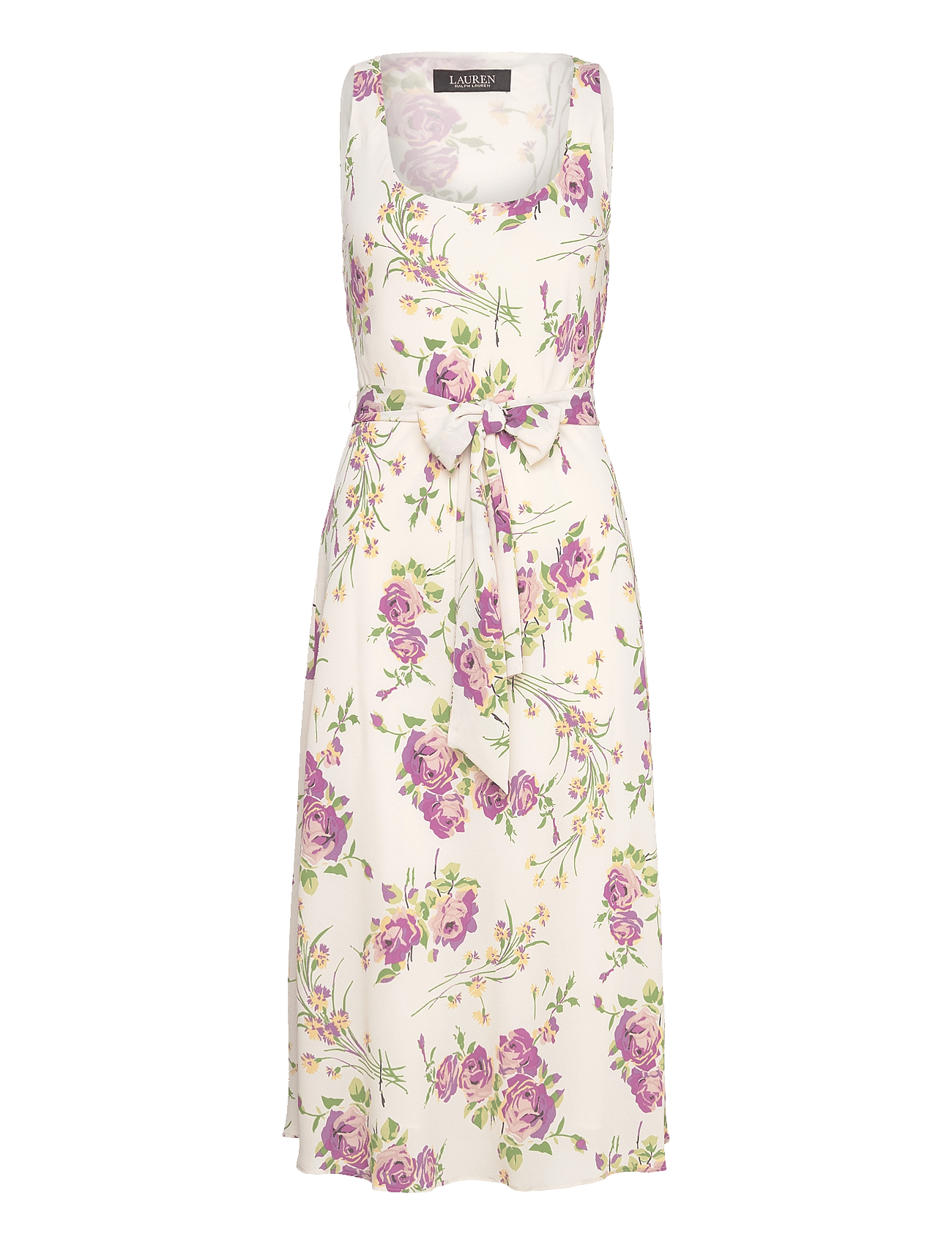 Floral Belted Crepe Sleeveless Dress - CREAM MULTI